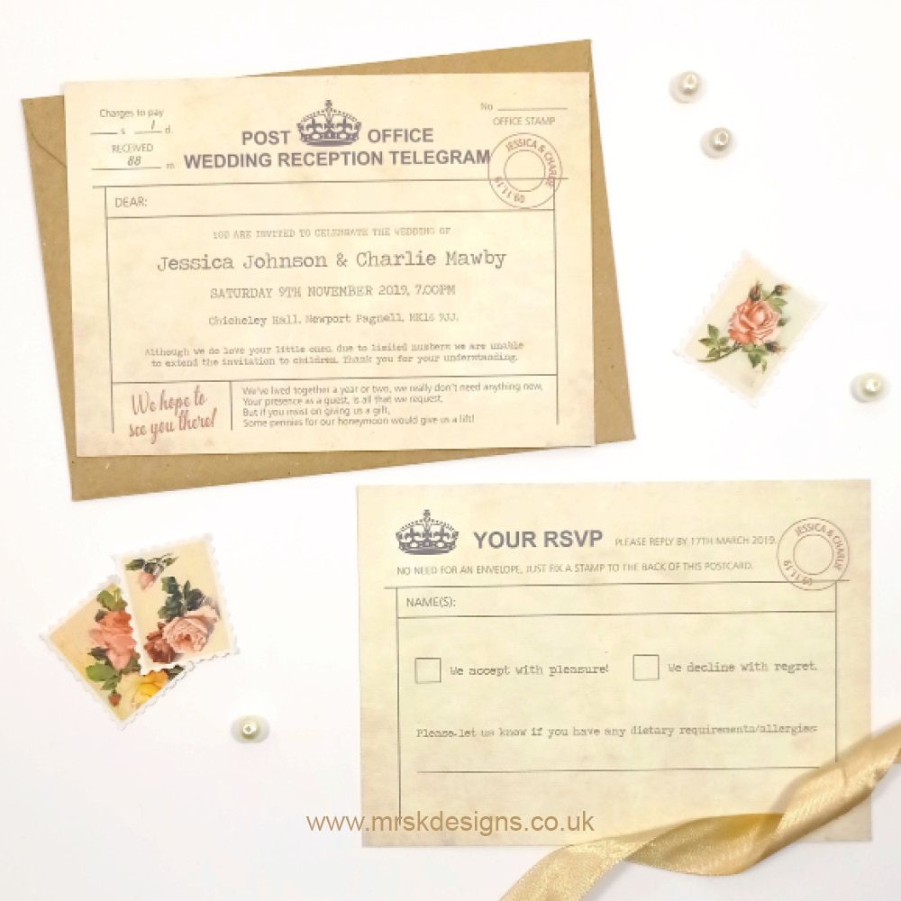 Vintage Telegram Wedding Reception Invitation and RSVP
