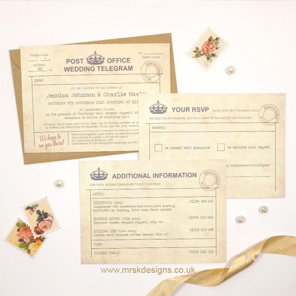 Vintage Telegram Wedding Invitation Full Set