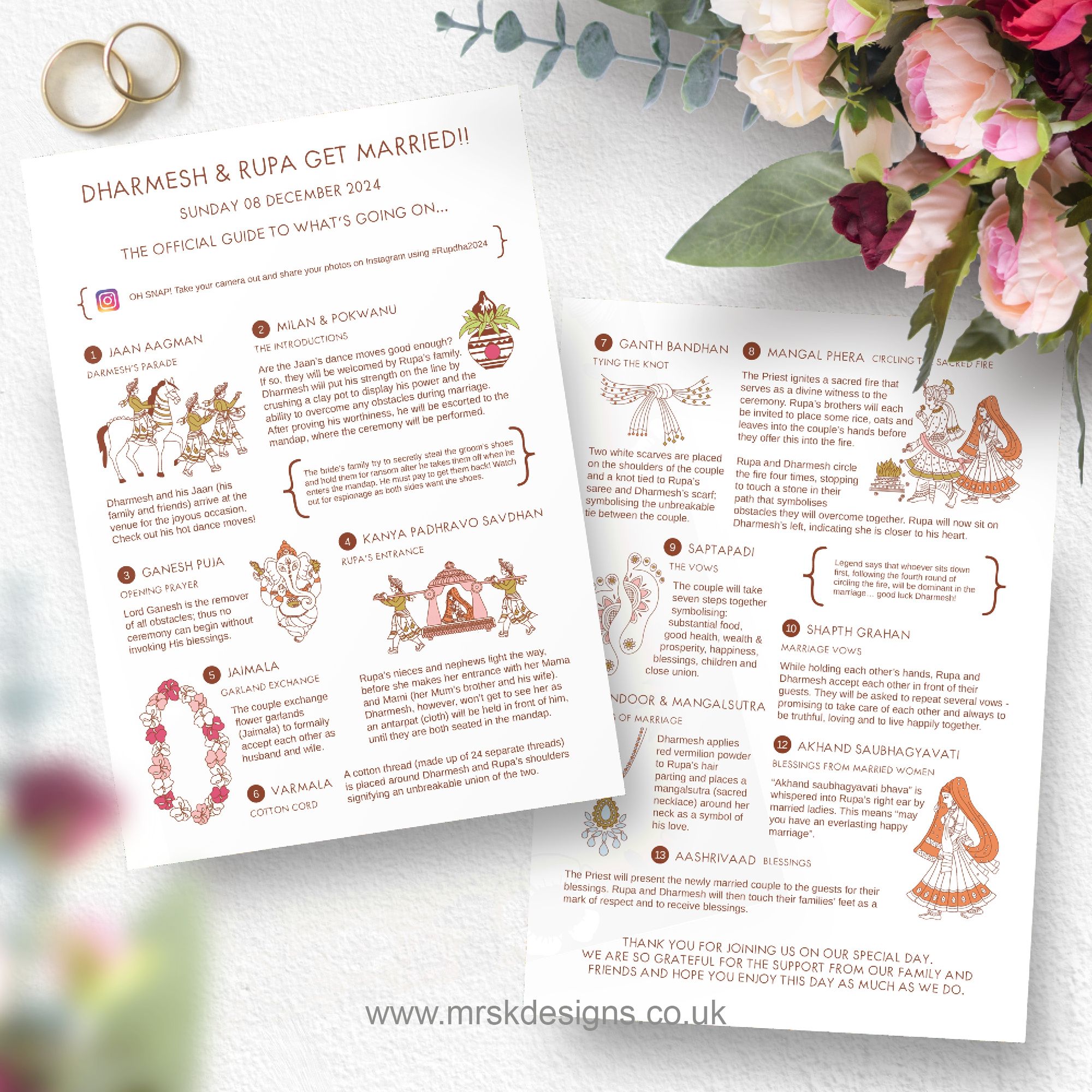 A5 Indian wedding programme design with each step of the ceremony, customisable to match your special day.