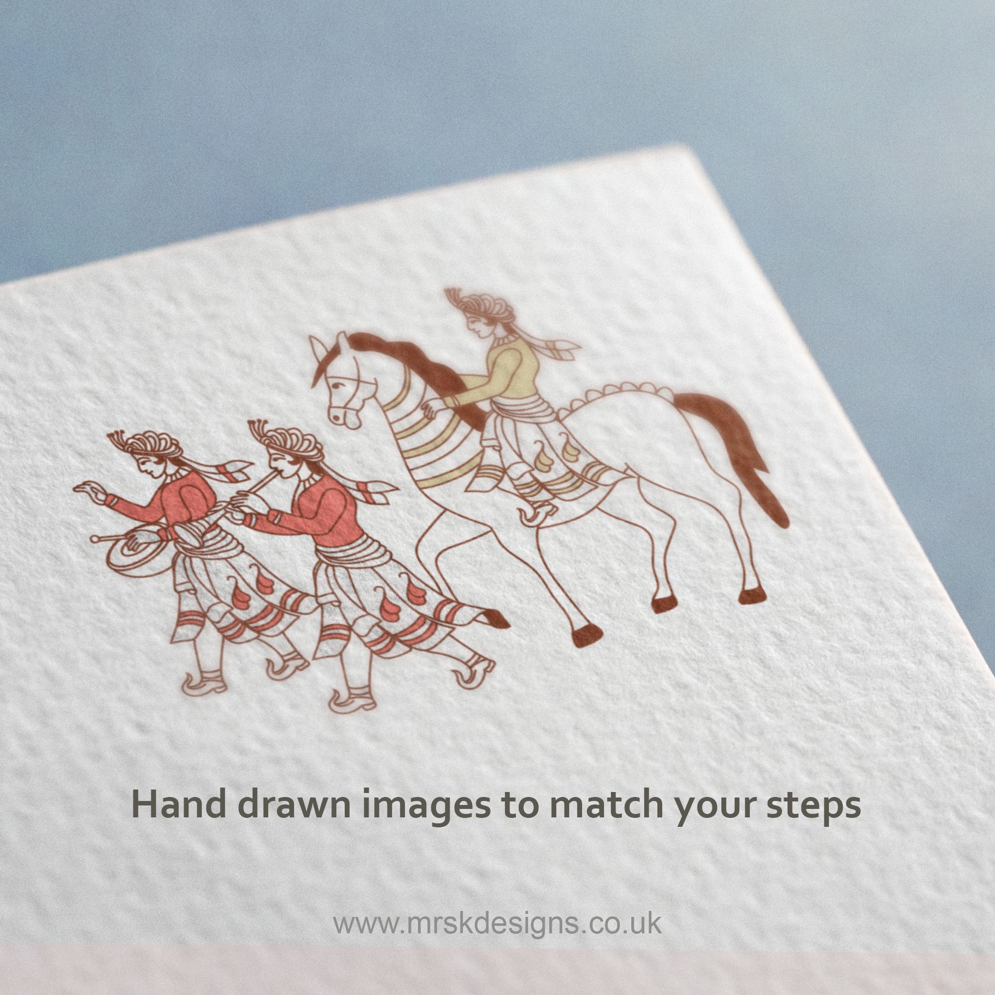 Detailed hand-drawn illustration from an Indian wedding programme, featuring traditional motifs and ceremony elements.