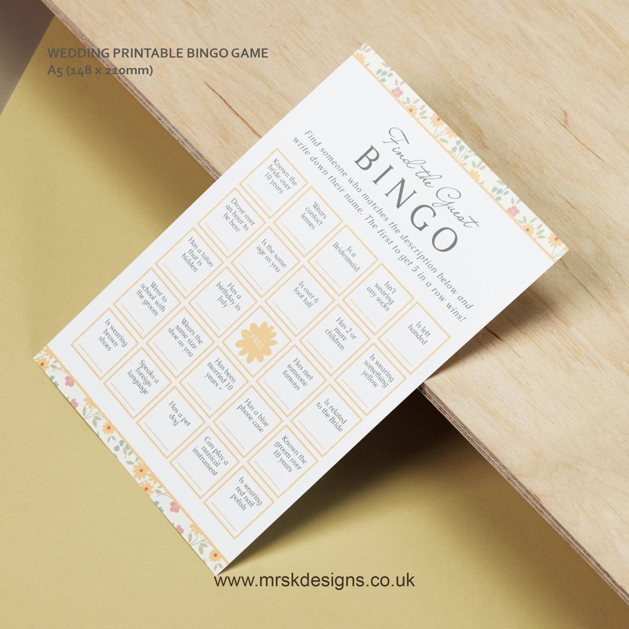 Editable wedding invitation print-at-home template, featuring a yellow floral design