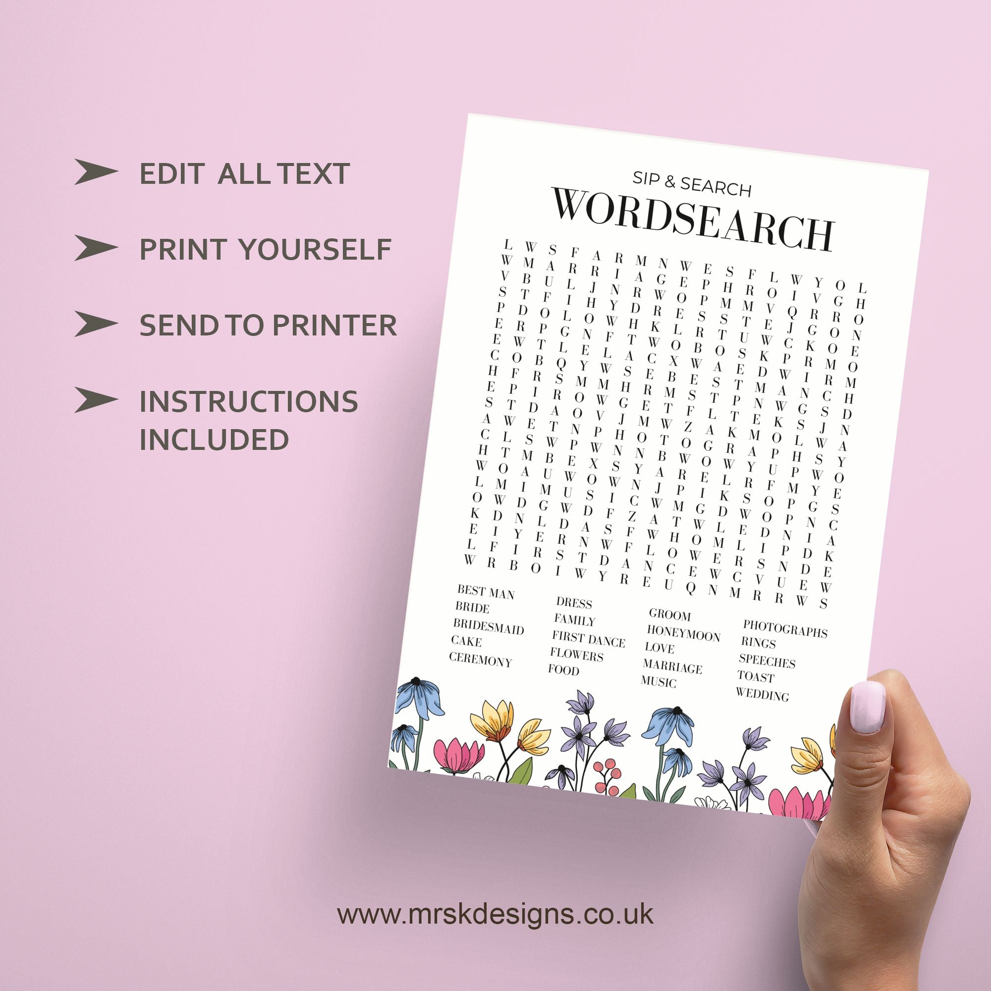 Editable wedding invitation available as digital template, featuring a yellow floral design