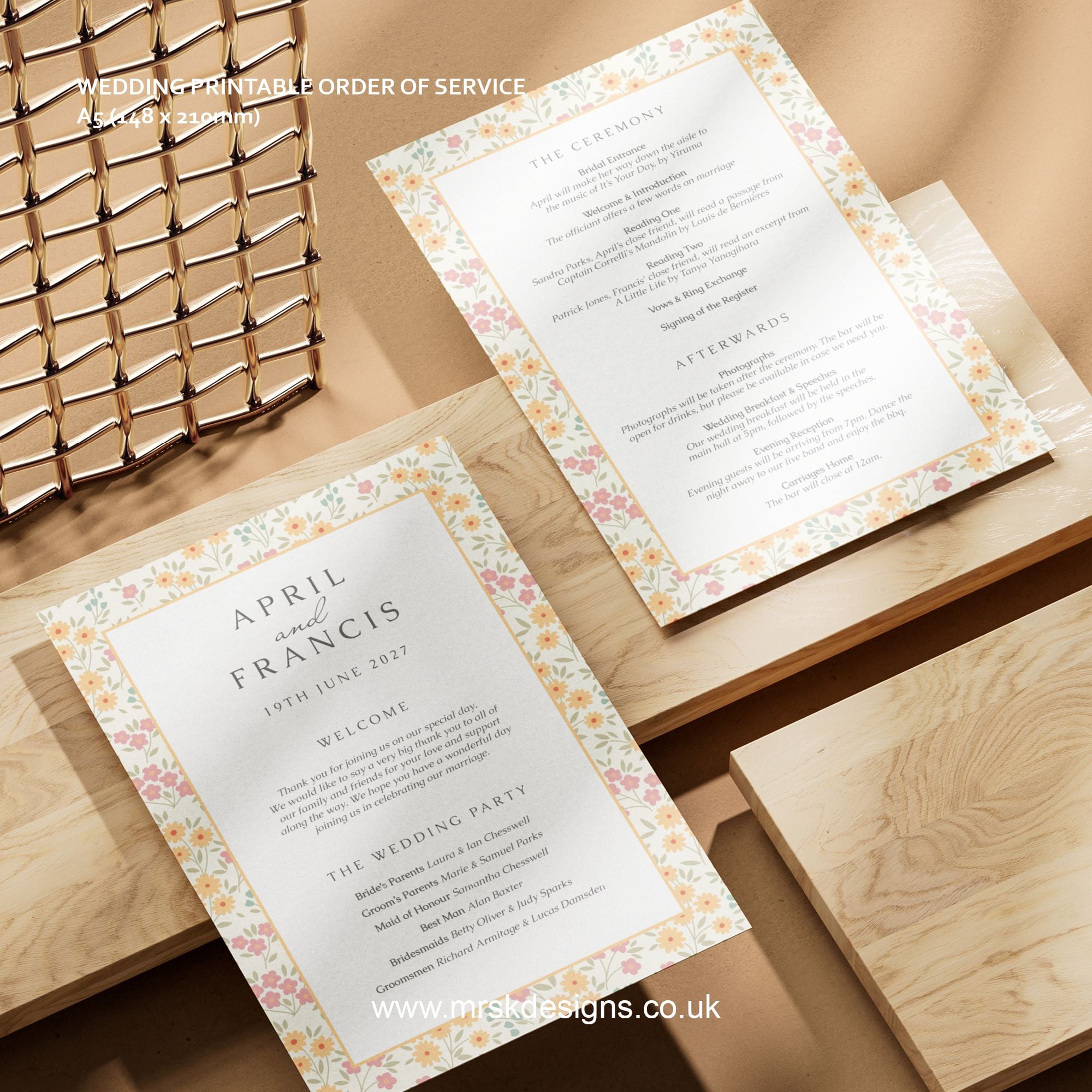 Editable wedding invitation print-at-home template, featuring a yellow floral design