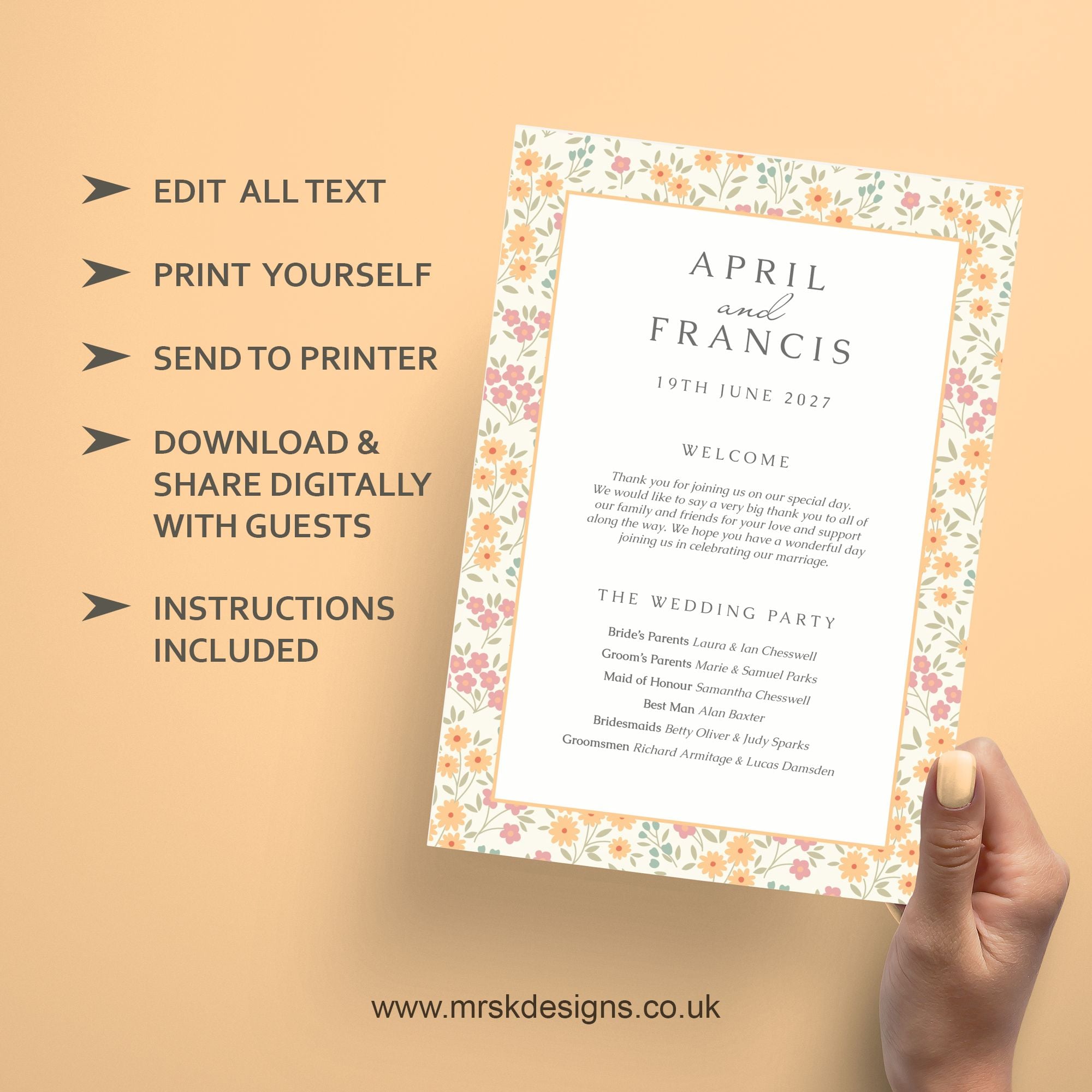 Editable wedding invitation available as digital template, featuring a yellow floral design