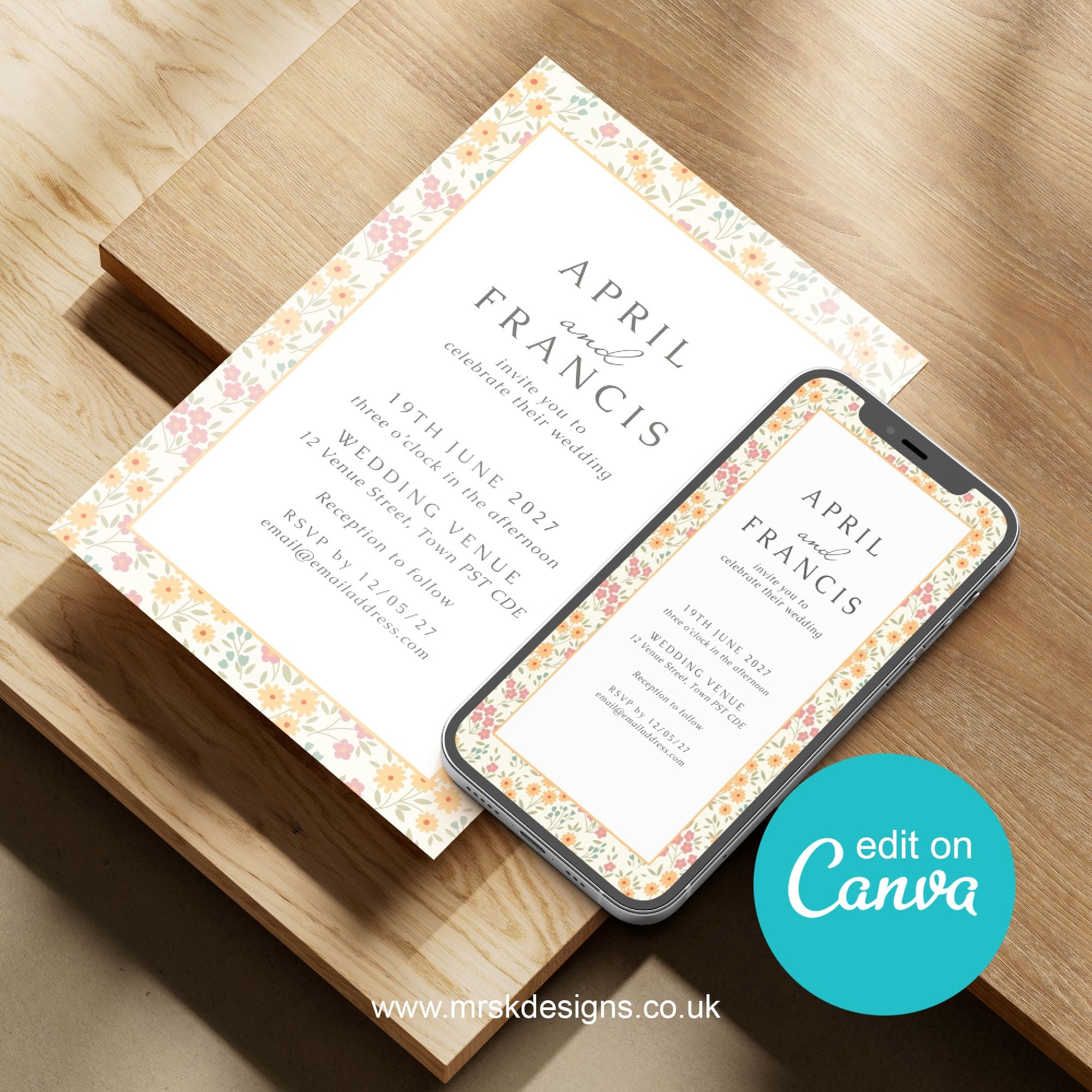 Editable spring floral yellow patterned wedding invitation template, bright and cheerful