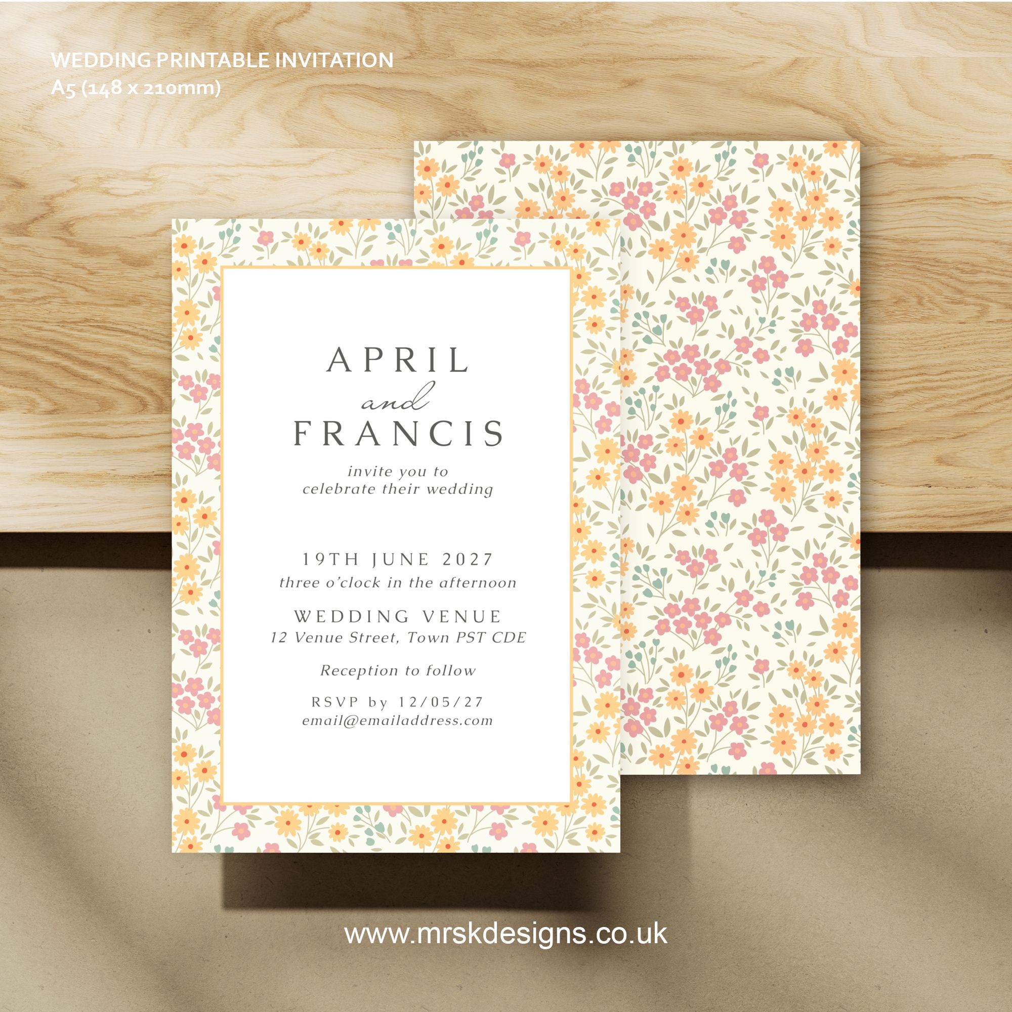 Editable wedding invitation print-at-home template, featuring a yellow floral design