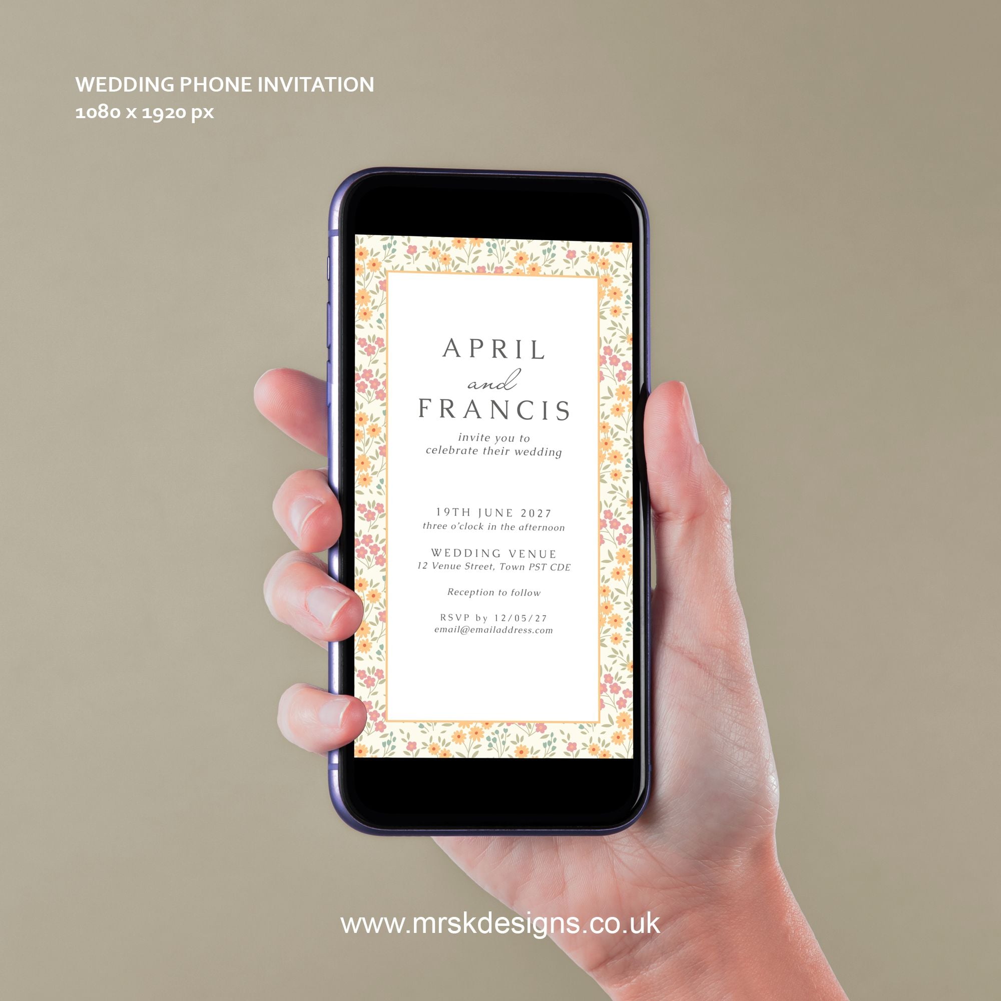 Editable wedding invitation available as digital template, featuring a yellow floral design