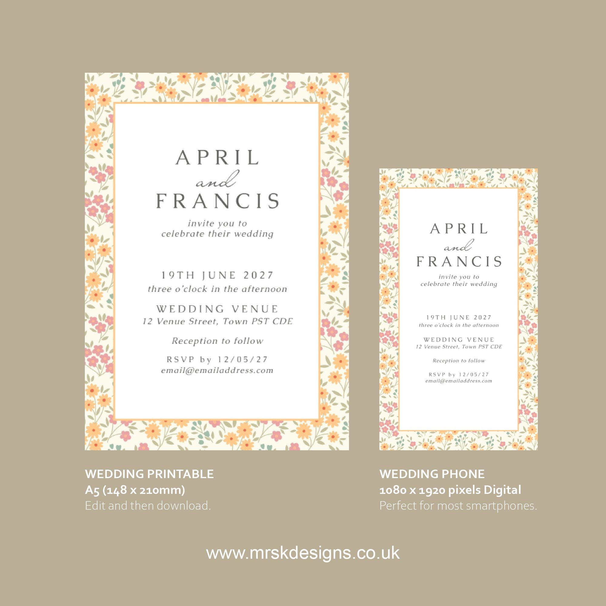 Editable wedding invitation print-at-home template, featuring a yellow floral design package