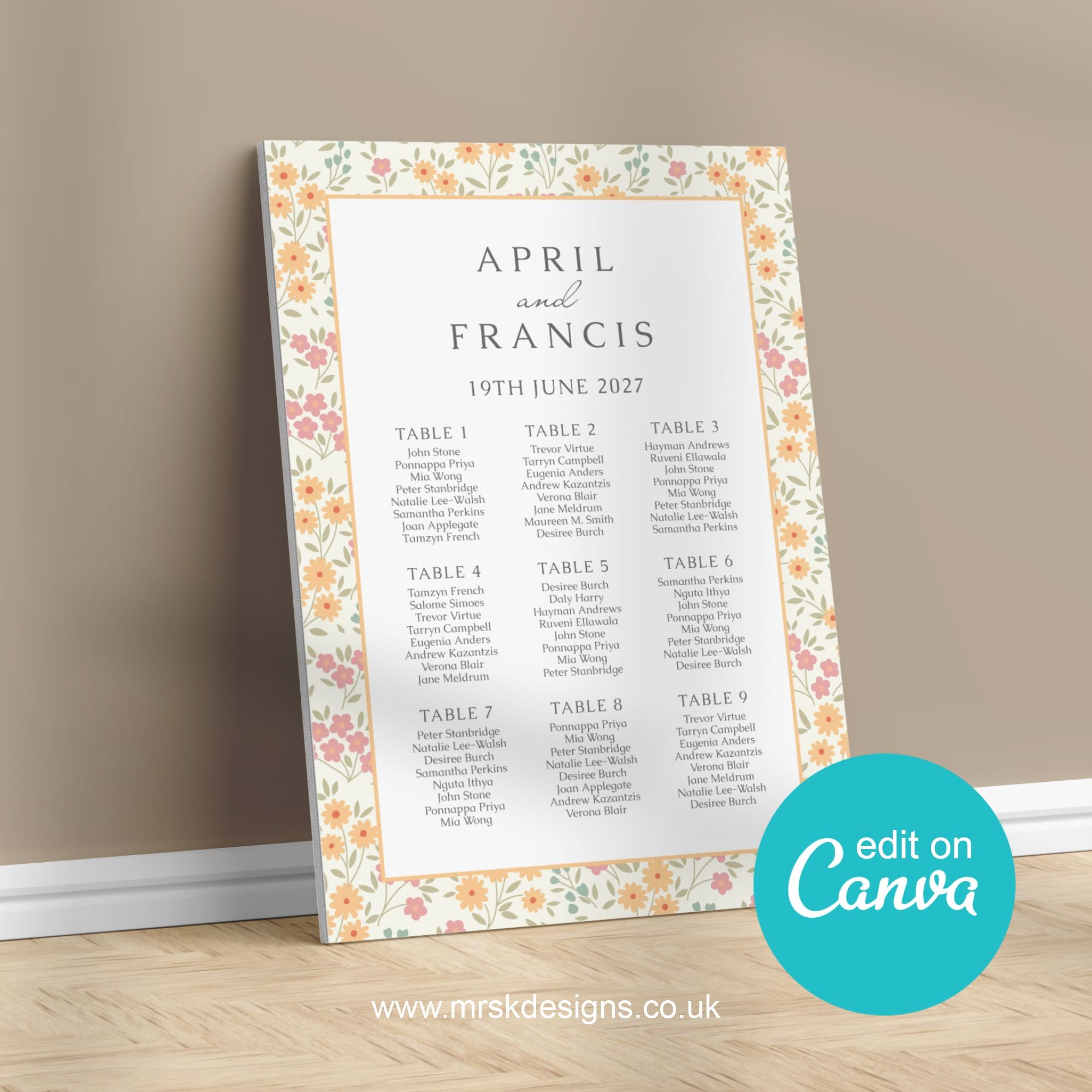 Spring floral yellow patterned Editable Wedding Table Plan Template.