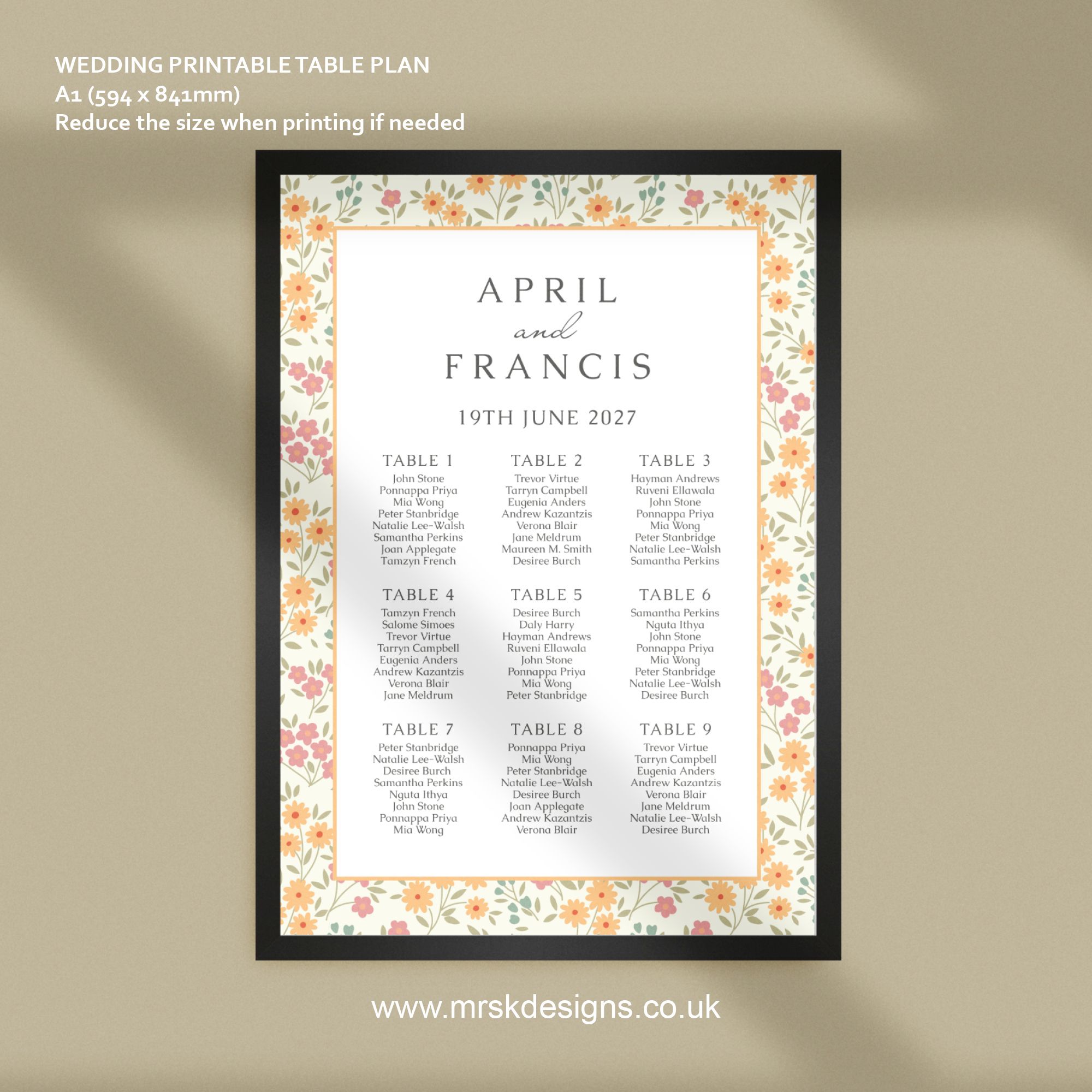 Editable wedding invitation print-at-home template, featuring a yellow floral design package