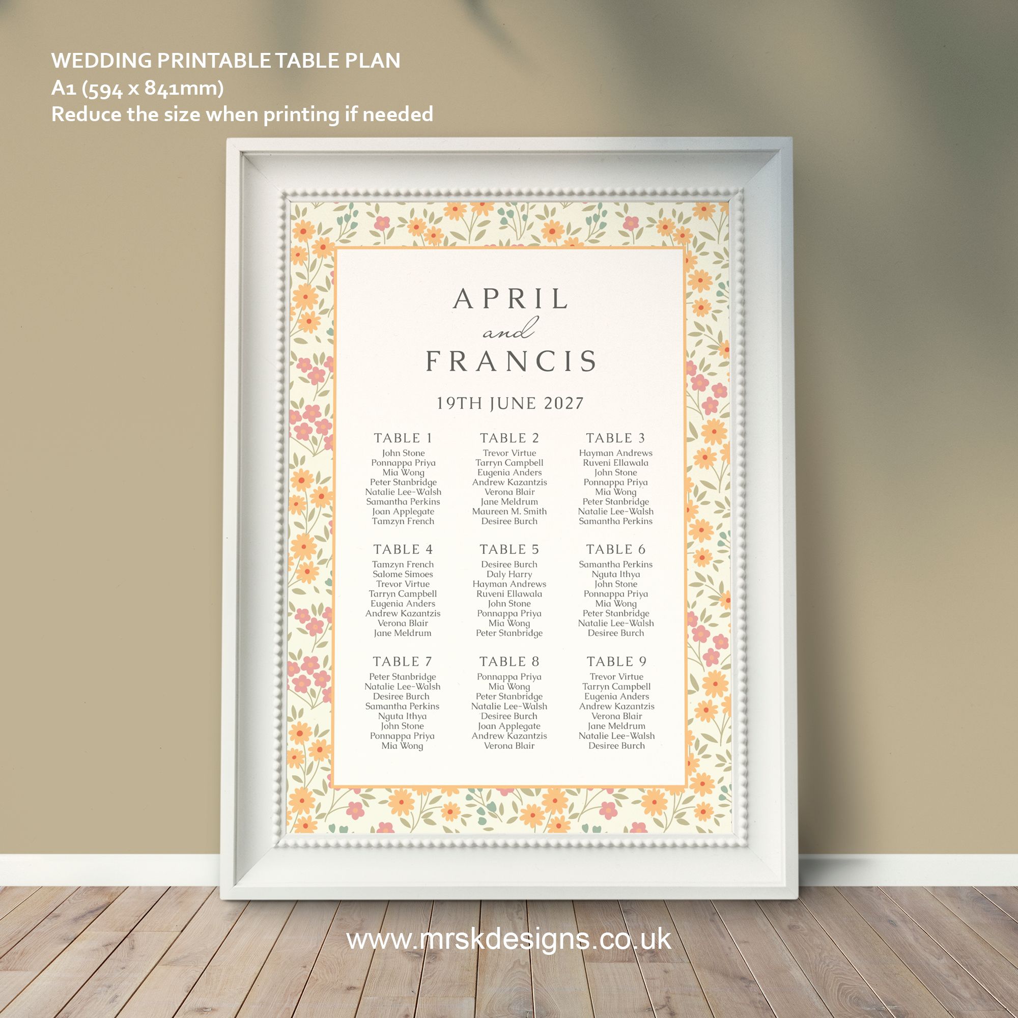 Editable wedding invitation print-at-home template, featuring a yellow floral design