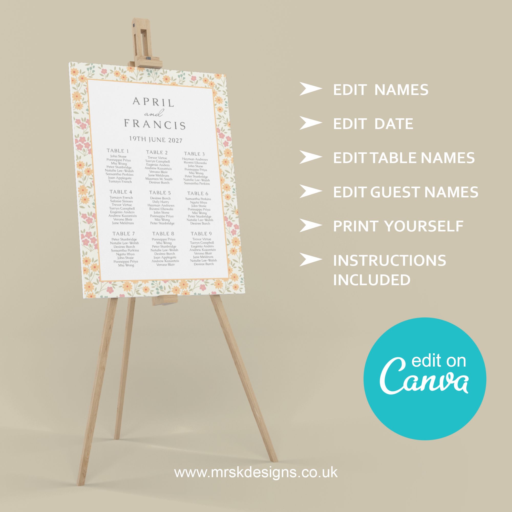 Editable wedding invitation available as digital template, featuring a yellow floral design