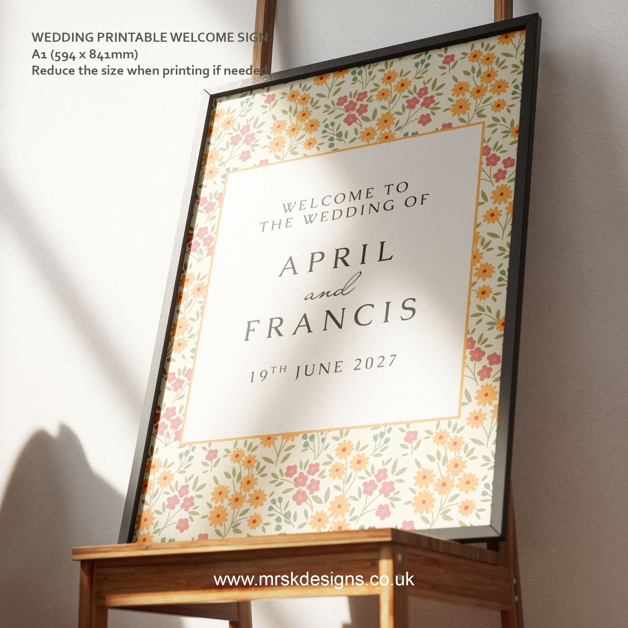 Editable wedding invitation available as digital template, featuring a yellow floral design