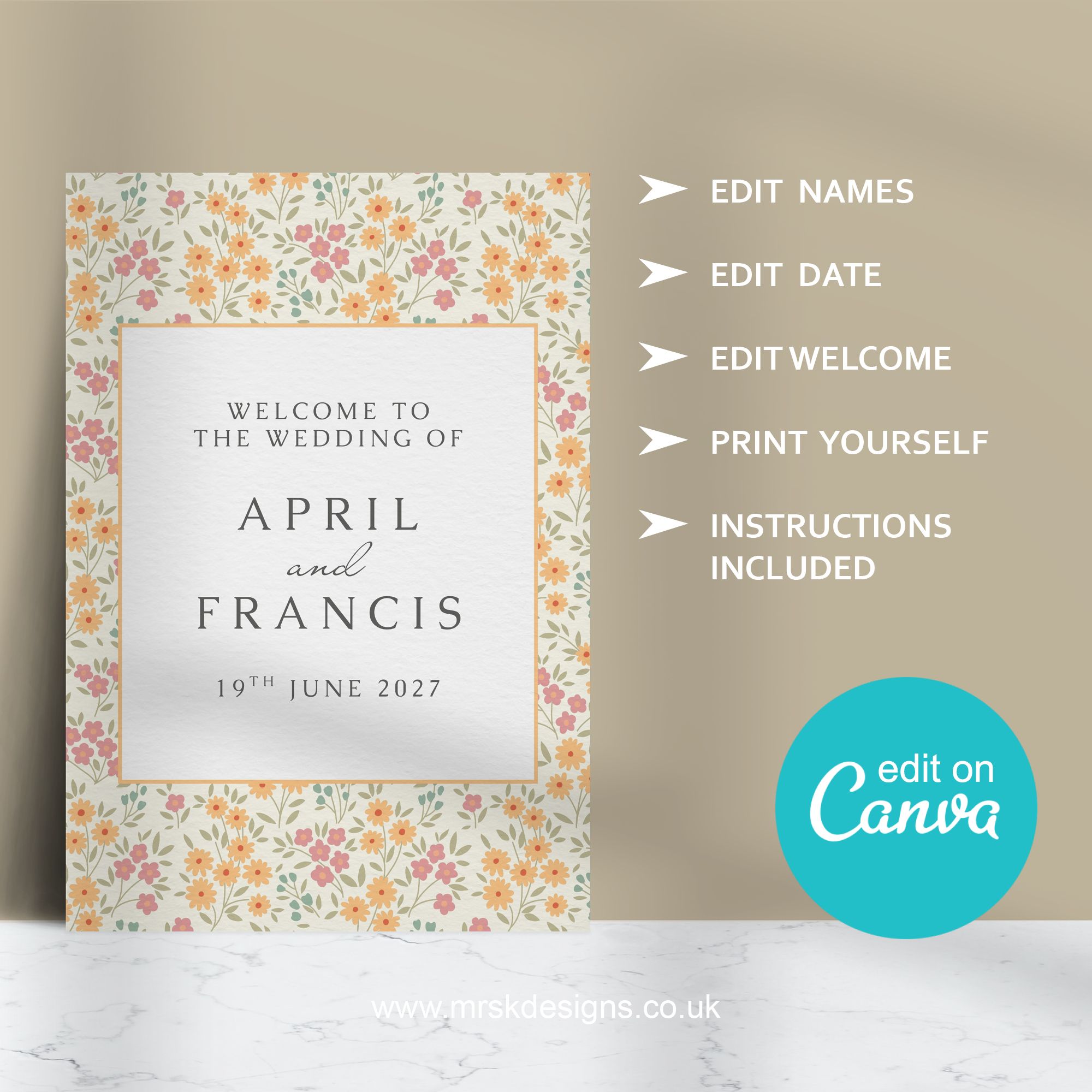 Editable wedding invitation print-at-home template, featuring a yellow floral design