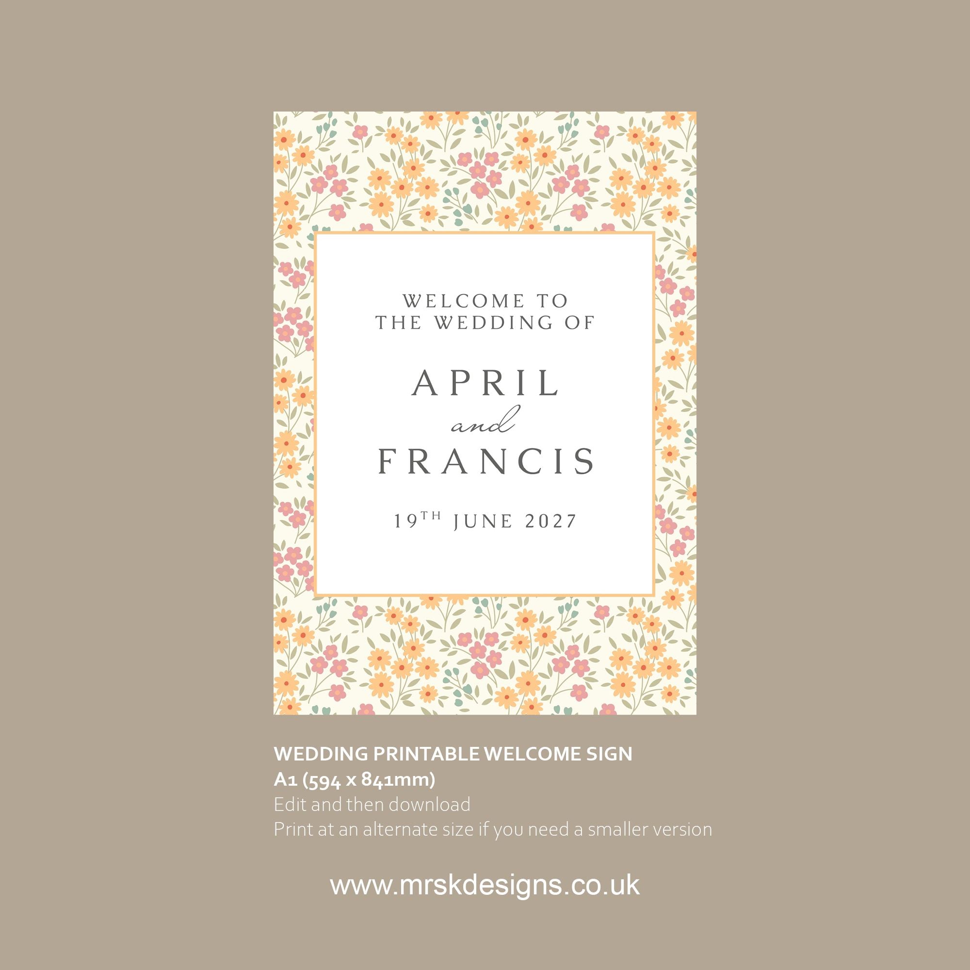 Editable wedding invitation print-at-home template, featuring a yellow floral design package