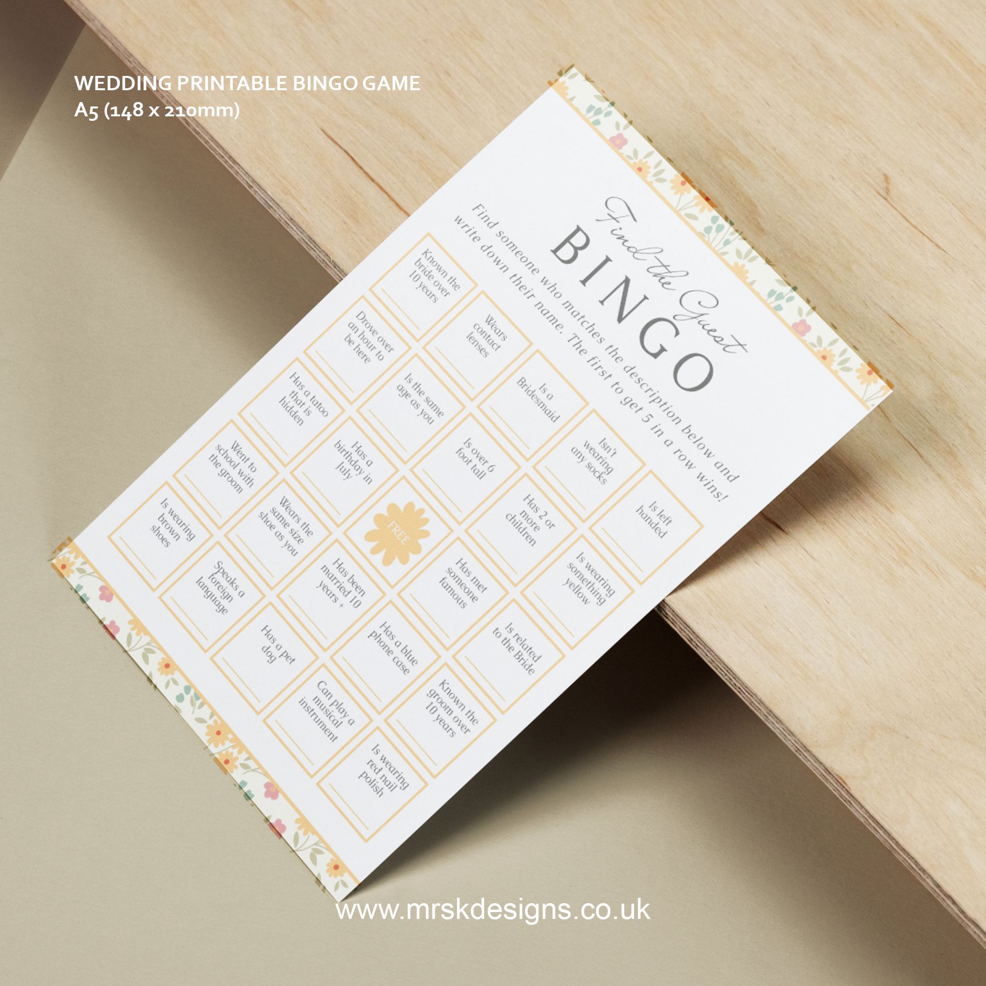 Editable wedding invitation print-at-home template, featuring a yellow floral design