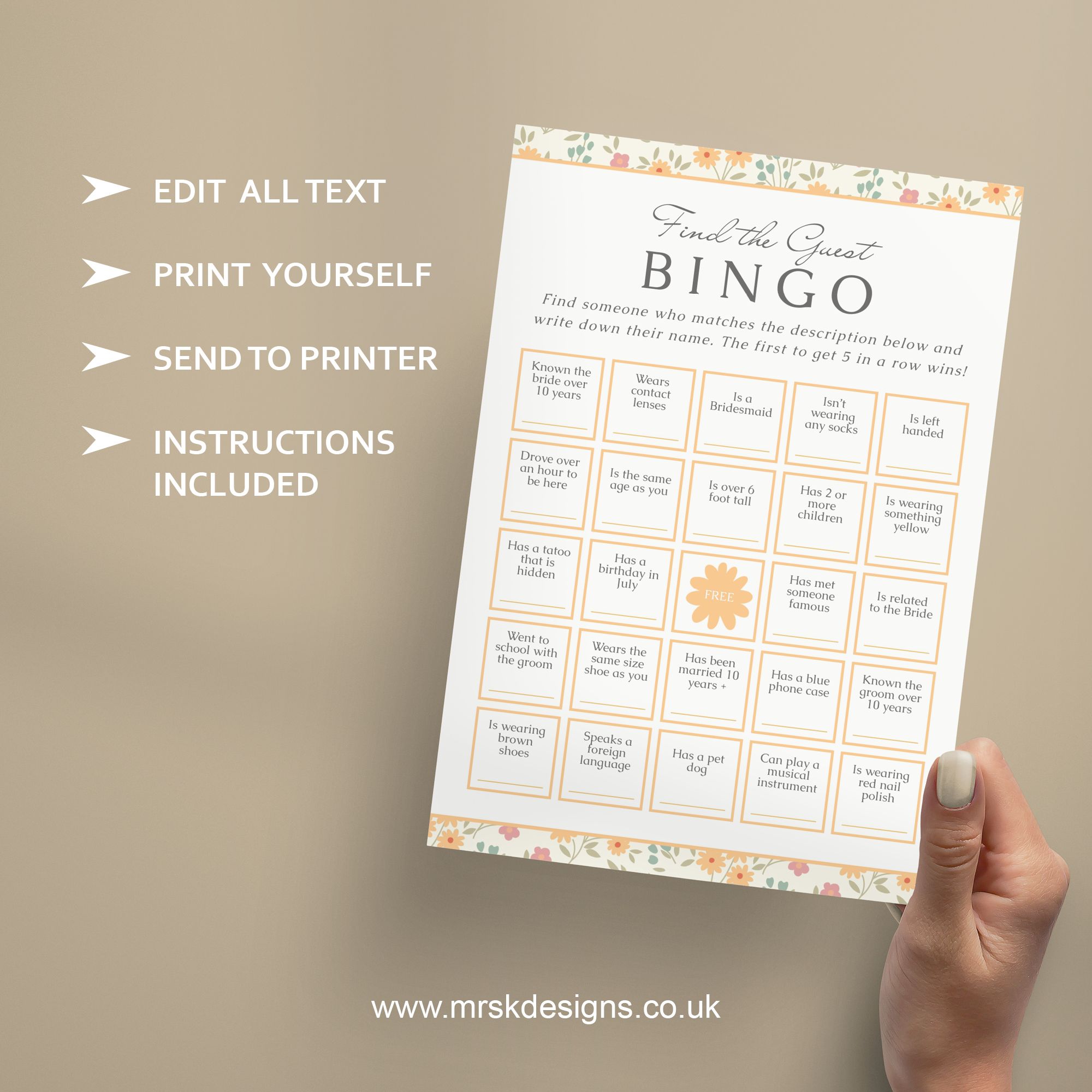 Editable wedding invitation available as digital template, featuring a yellow floral design
