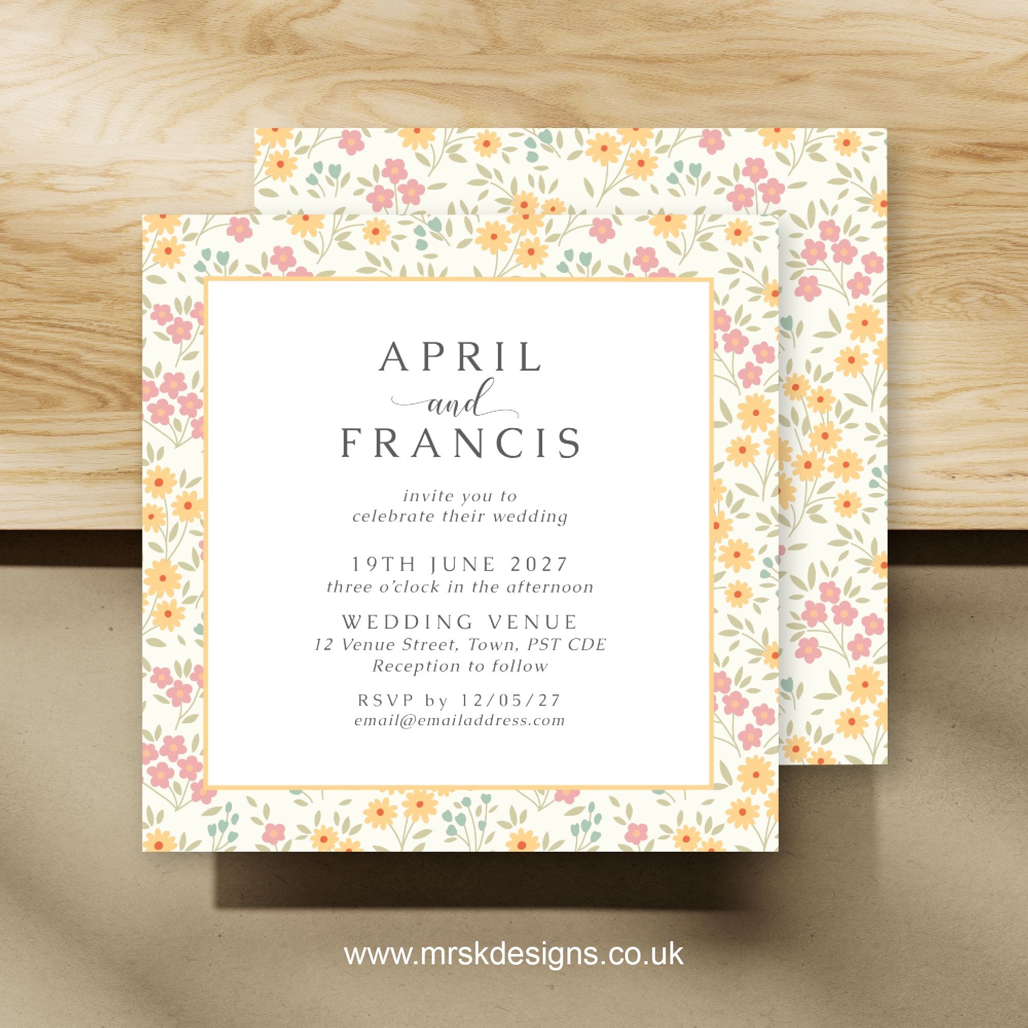 Spring floral yellow patterned wedding invitation, bright and cheerful design.