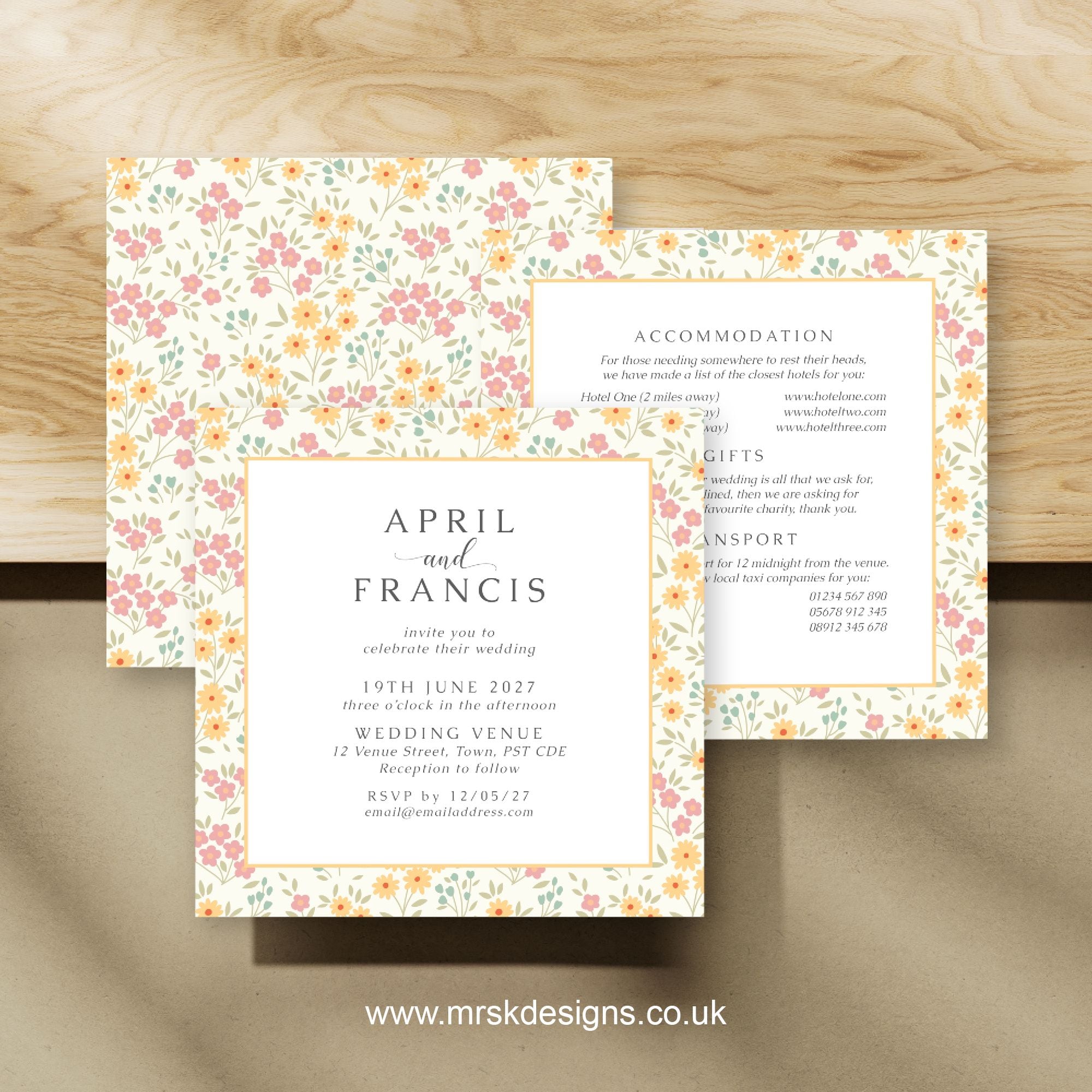 Spring floral yellow patterned wedding invitation and additional information card.