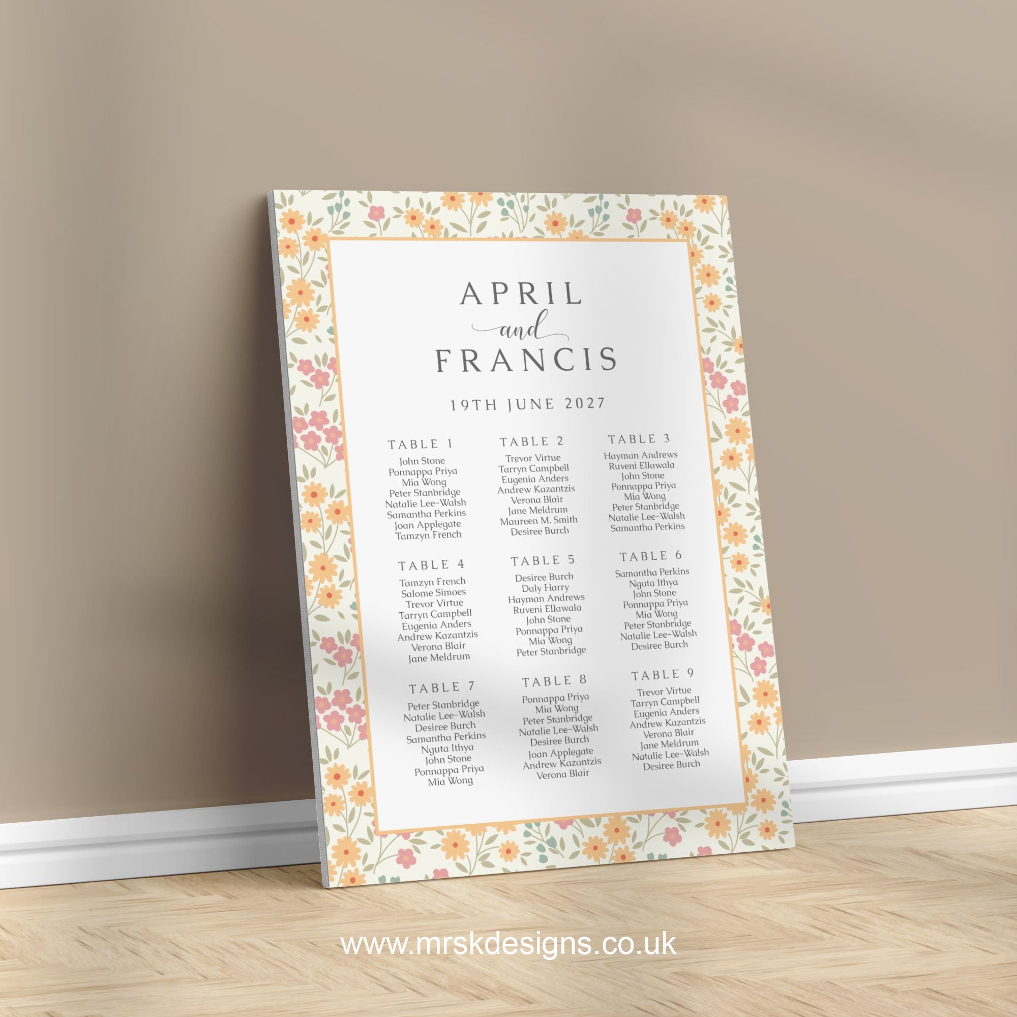 Spring floral yellow patterned Wedding Table Plan
