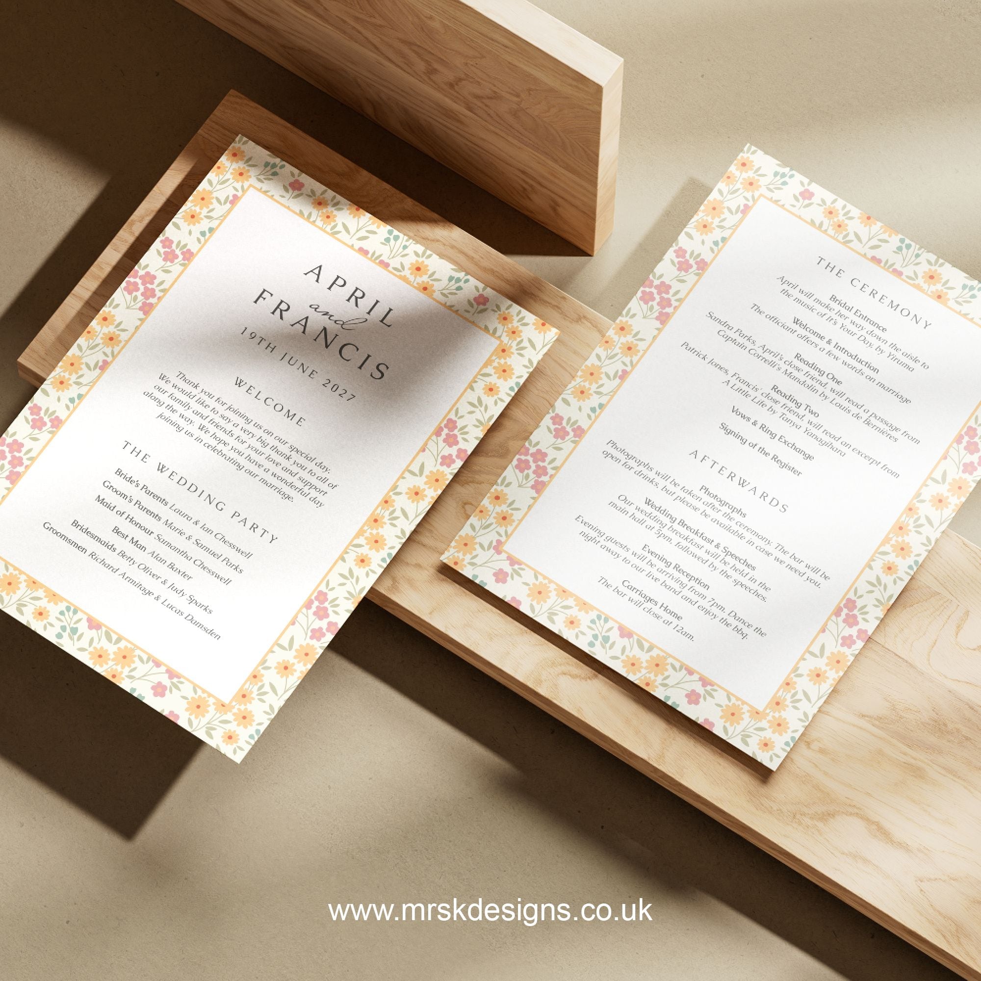 Spring floral yellow patterned Wedding Order of Service.