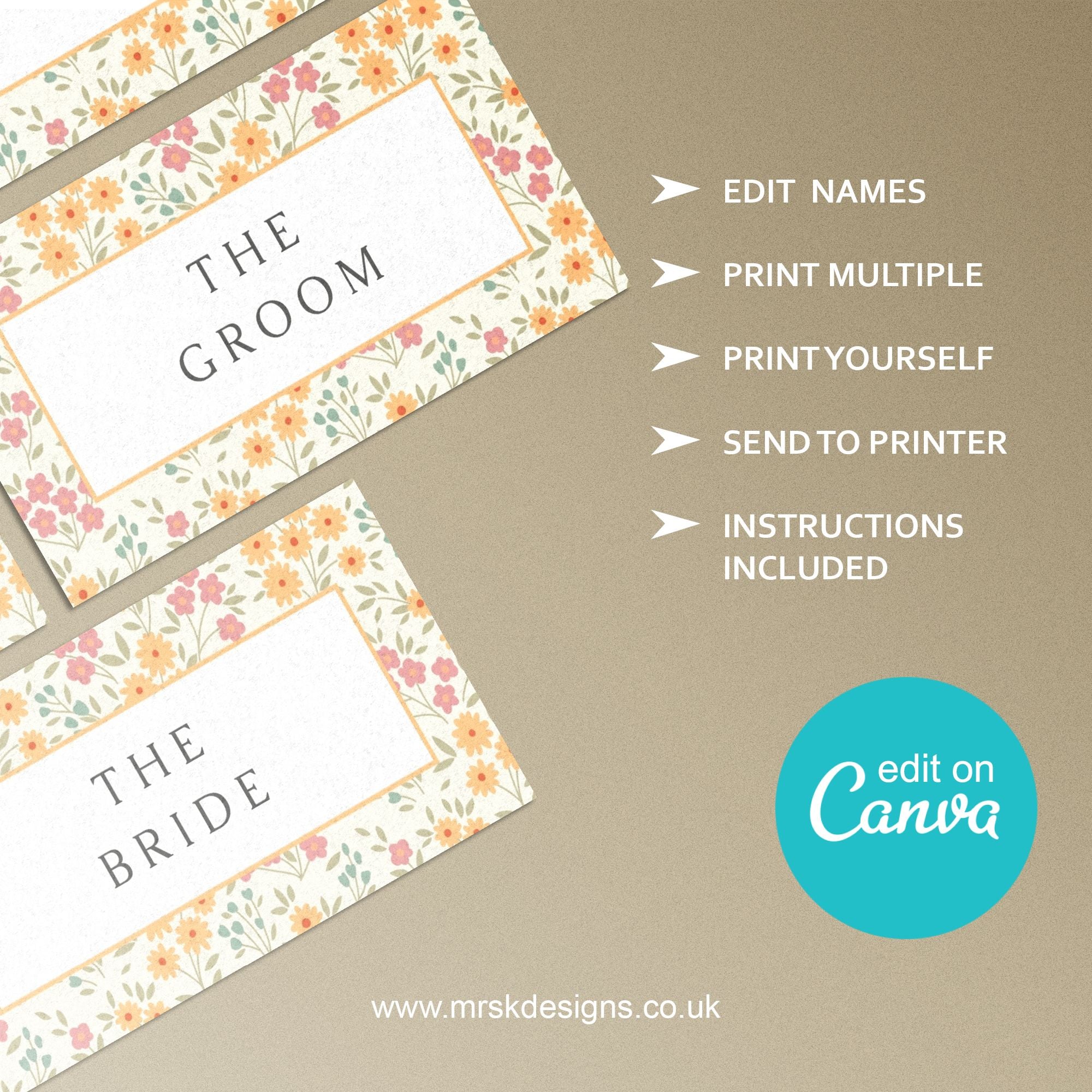 Editable wedding invitation available as digital template, featuring a yellow floral design