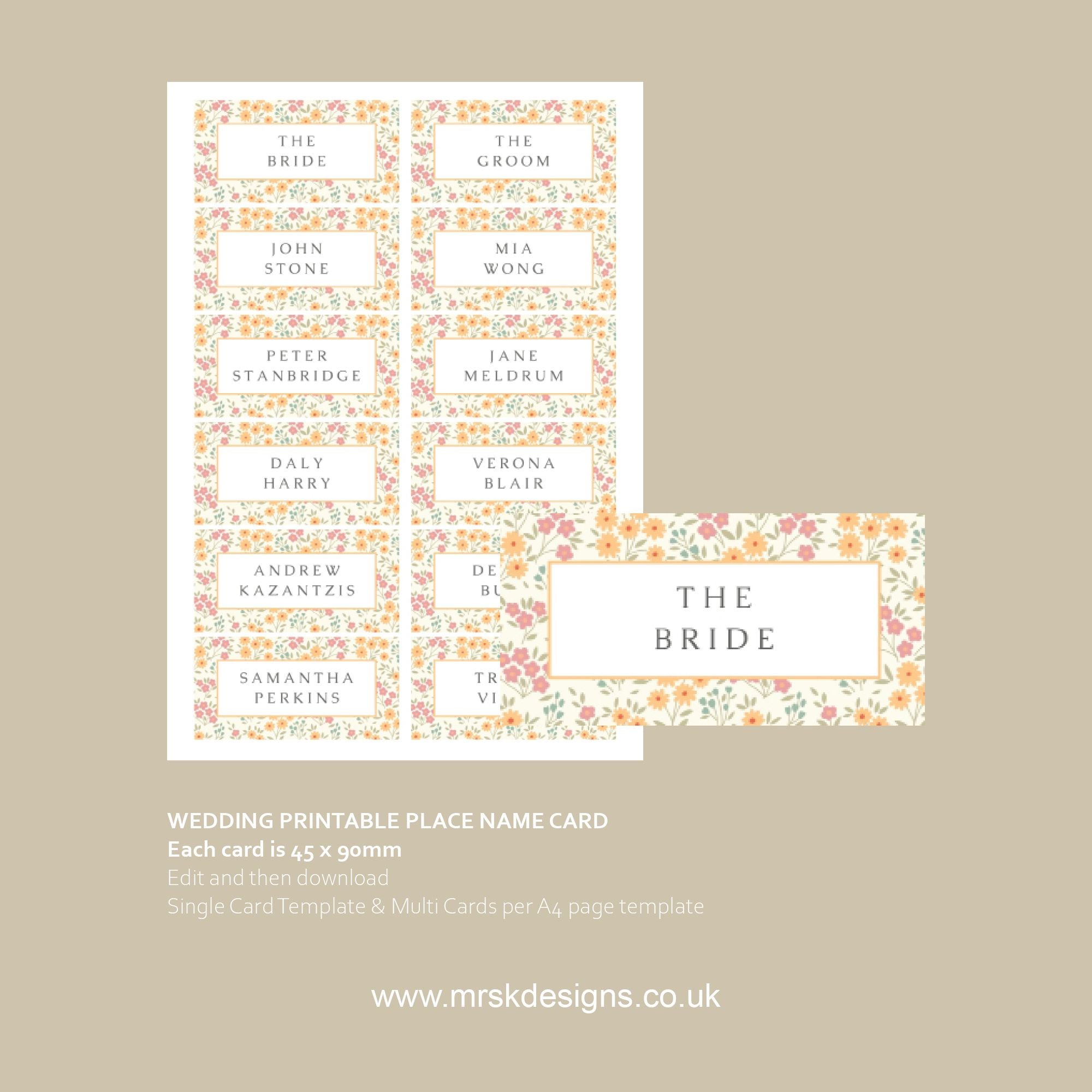 Editable wedding invitation print-at-home template, featuring a yellow floral design package