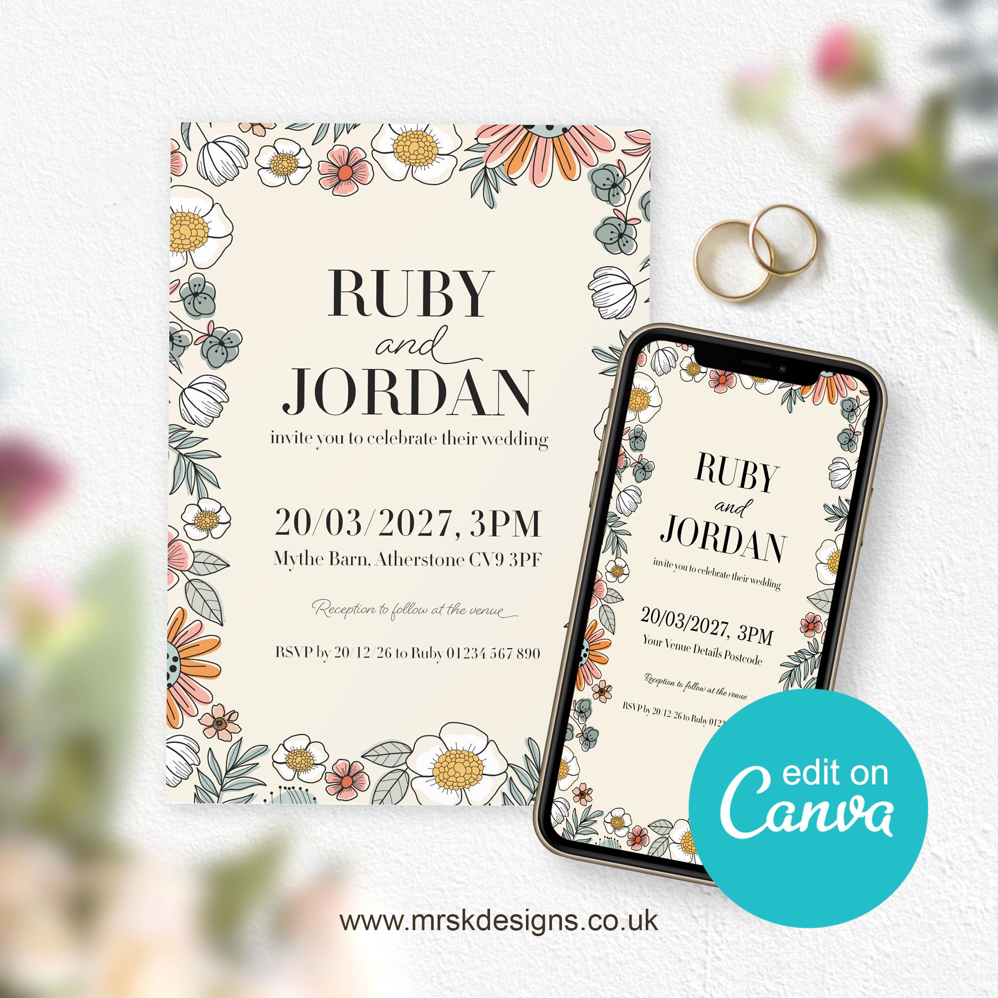Boho Floral Editable Wedding Invitation Template
