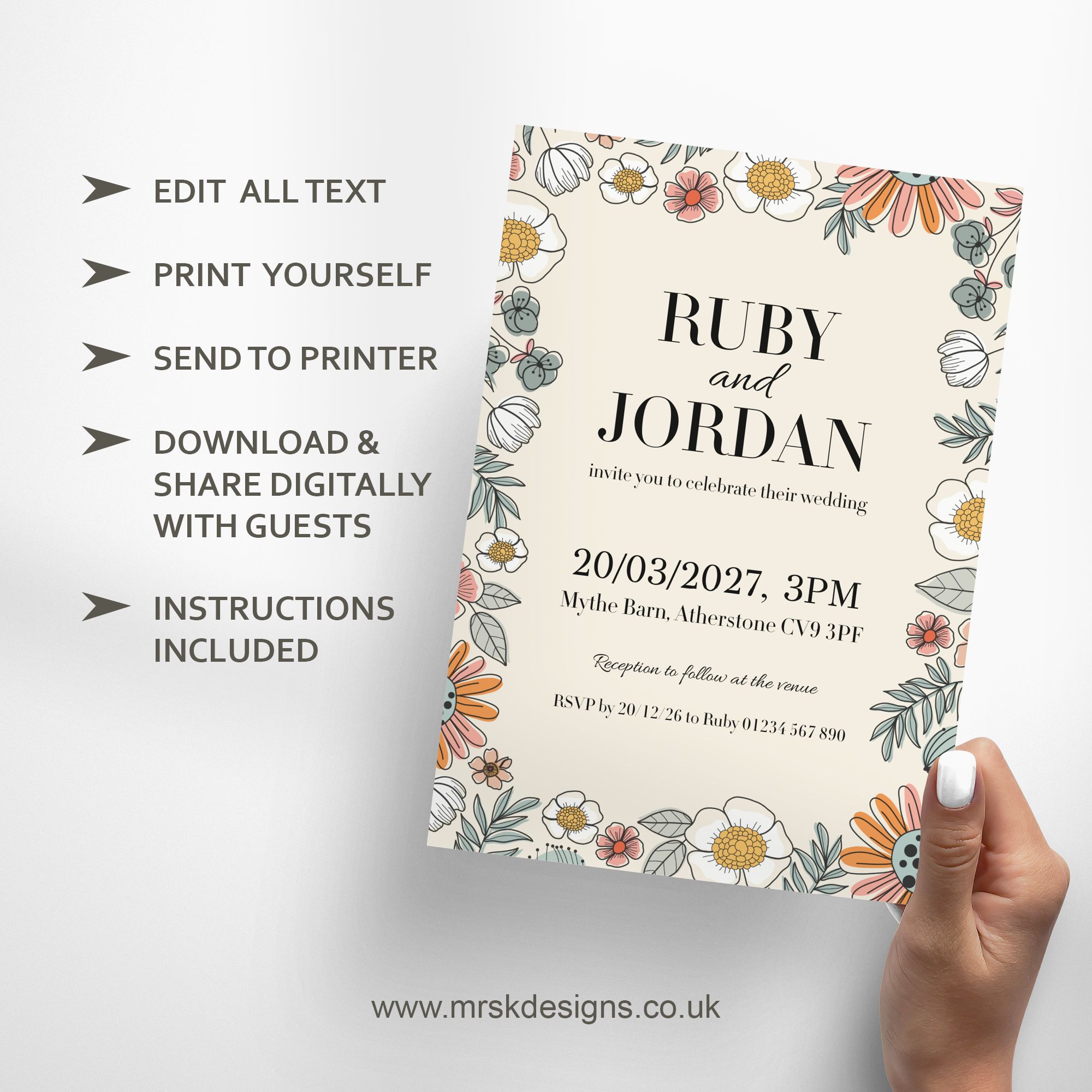 Editable wedding invitation print-at-home template, featuring a yellow floral design