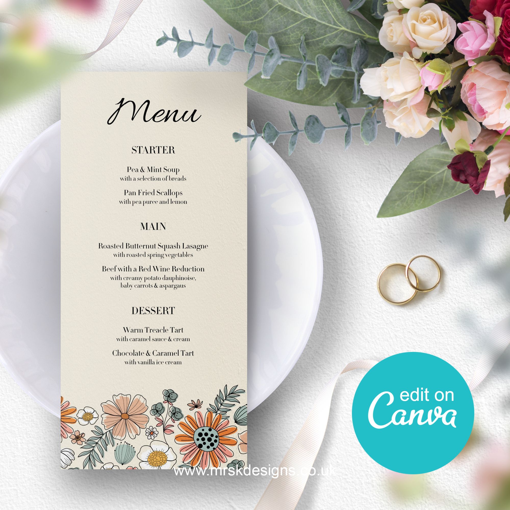 Boho Floral, Editable, printable Wedding menu