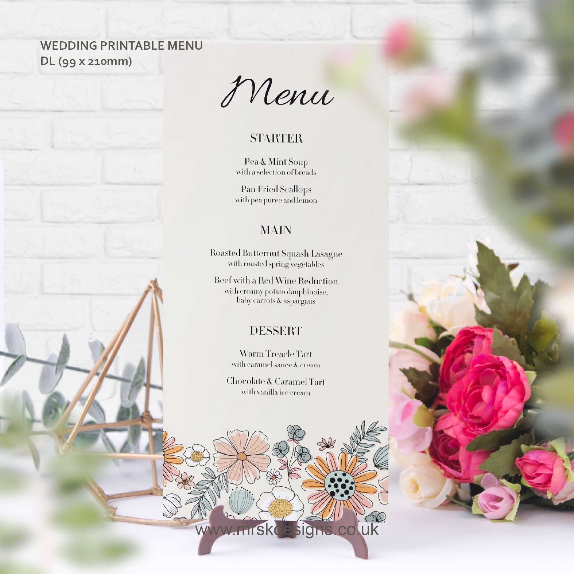 Editable wedding invitation print-at-home template, featuring a yellow floral design