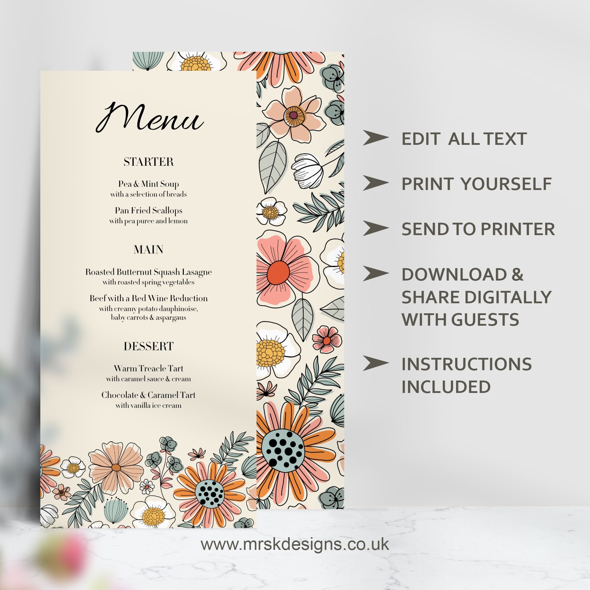 Editable wedding invitation available as digital template, featuring a yellow floral design
