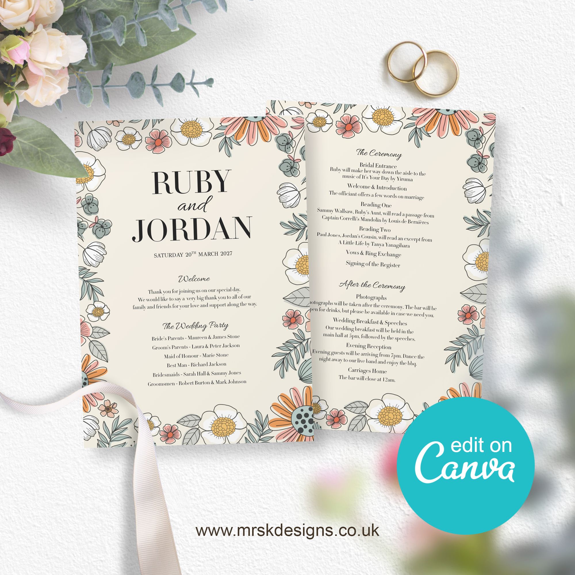 Boho Floral Editable, Printable Wedding Order of Service