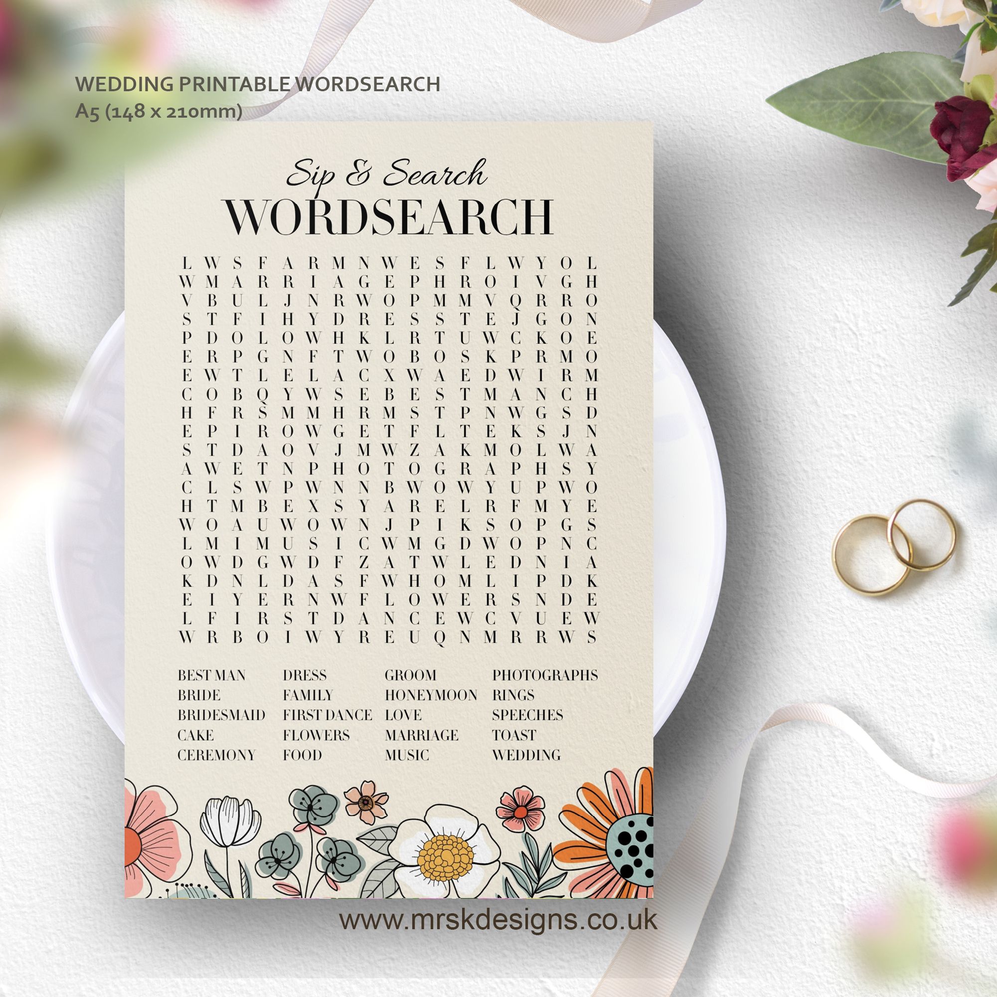 Editable wedding invitation print-at-home template, featuring a yellow floral design