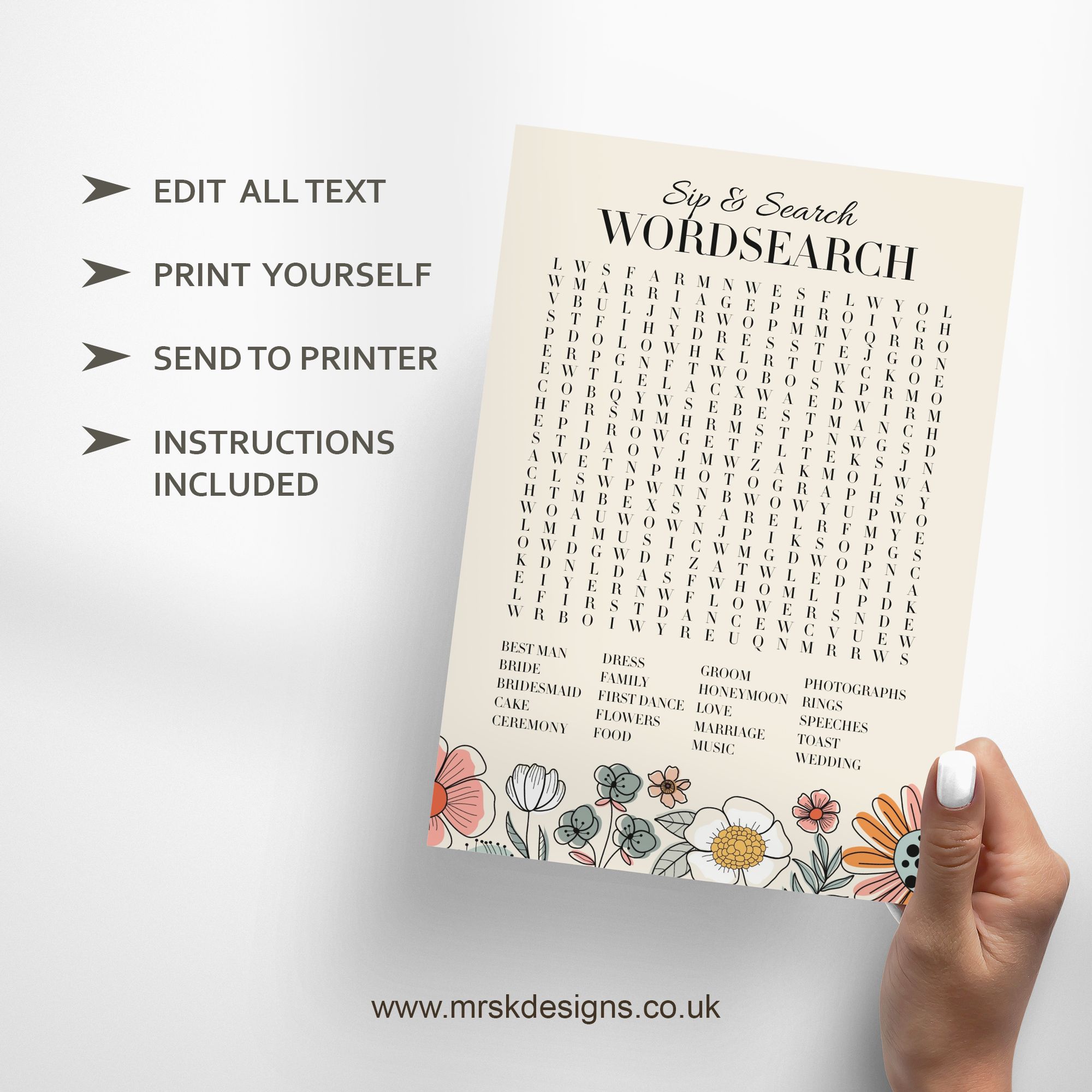 Editable wedding invitation available as digital template, featuring a yellow floral design