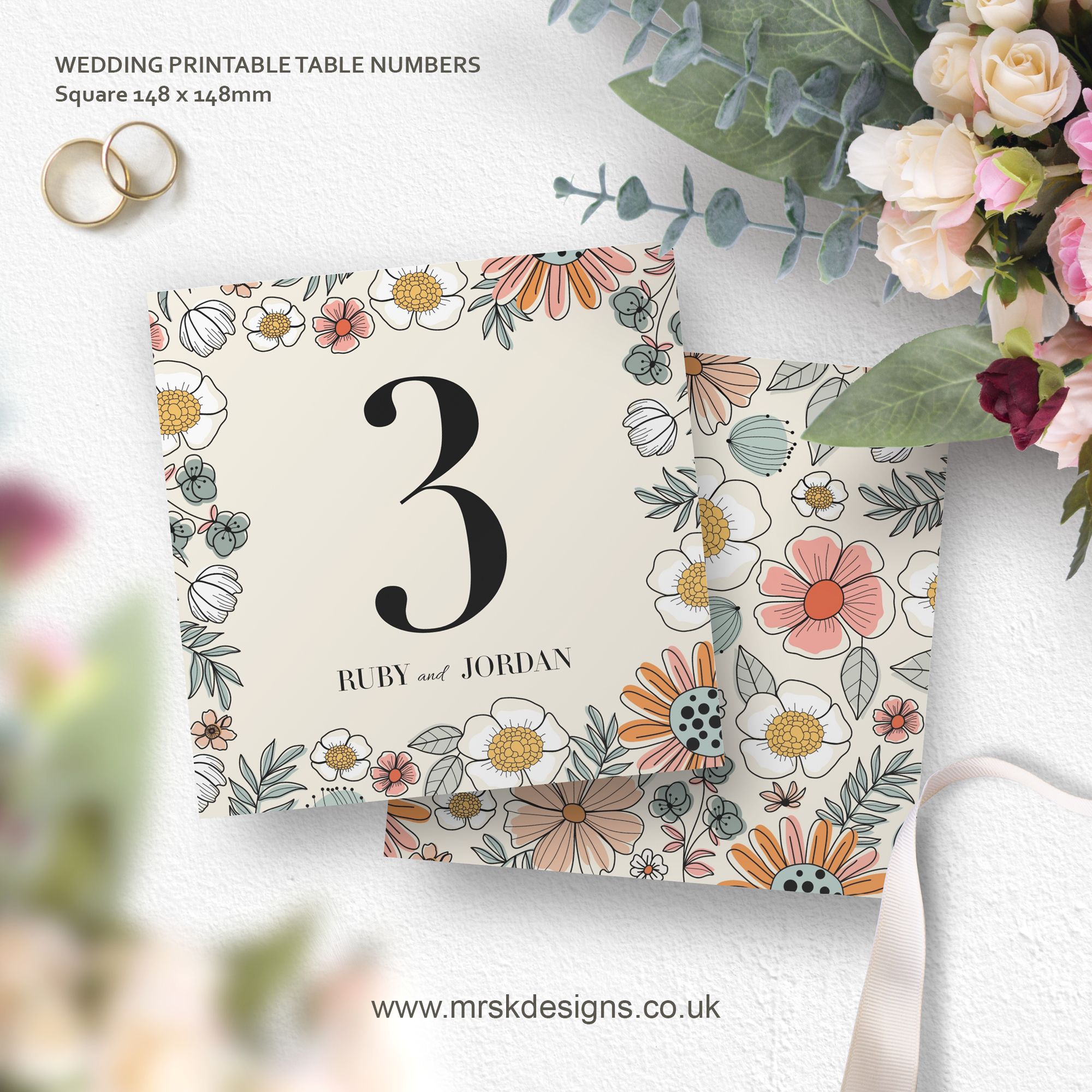 Editable wedding invitation print-at-home template, featuring a yellow floral design