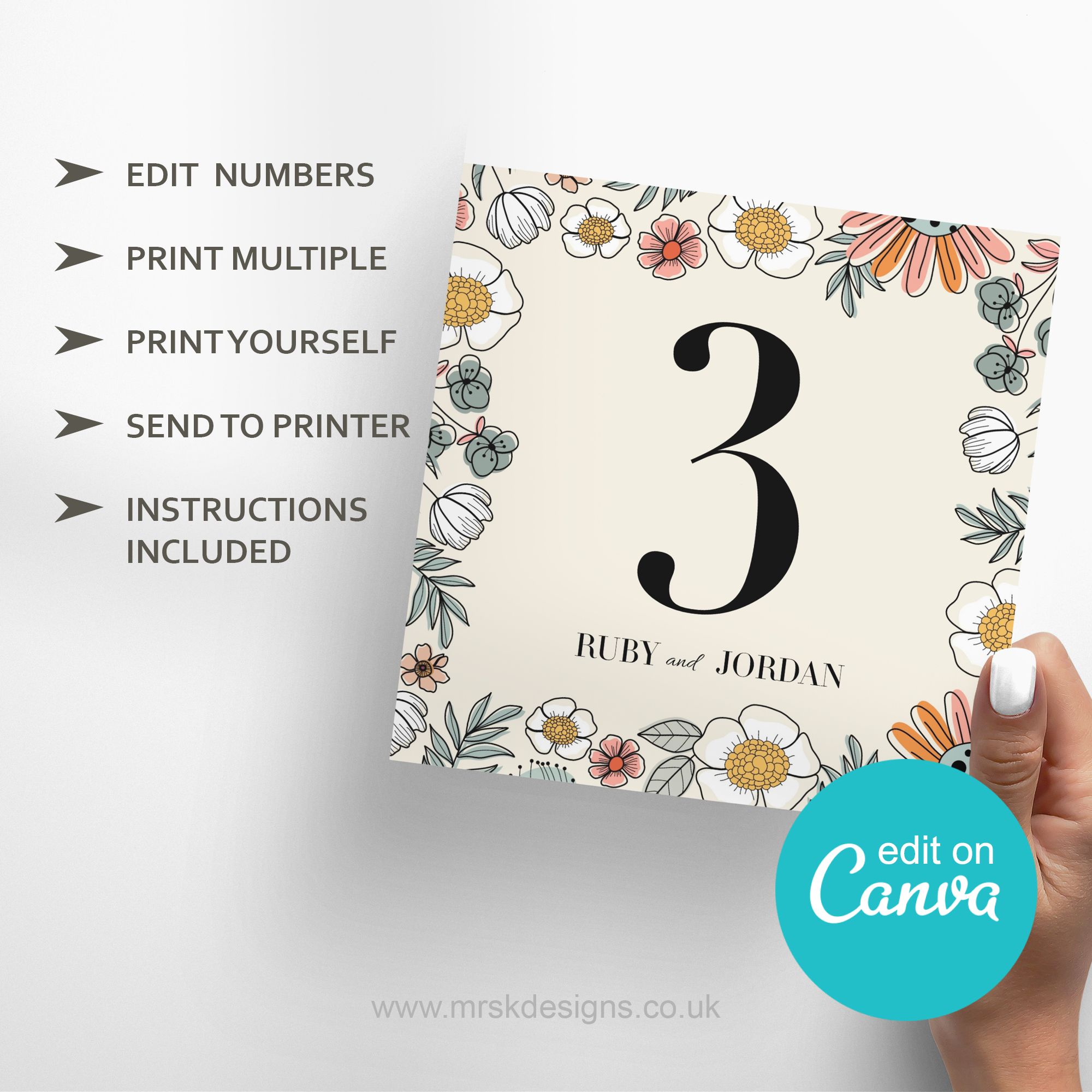 Editable wedding invitation available as digital template, featuring a yellow floral design