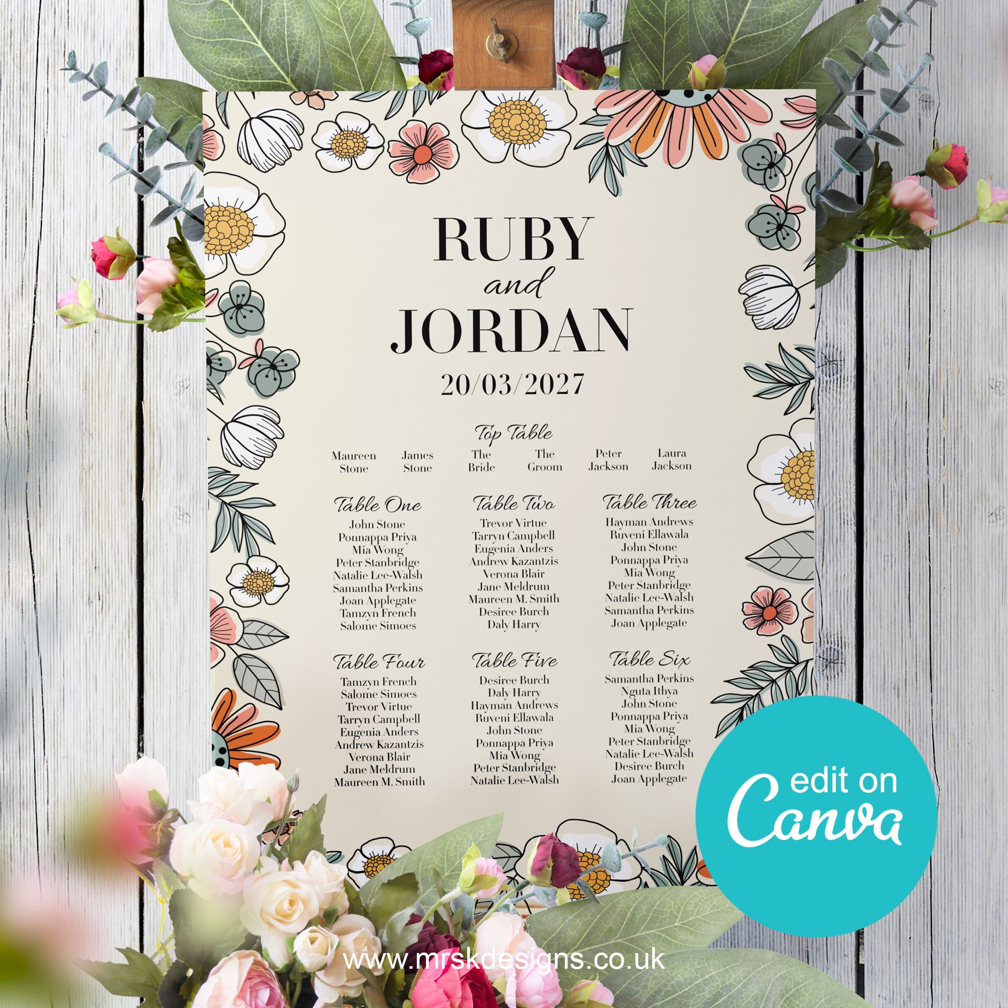 Boho Floral Editable, Printable Wedding Table Plan