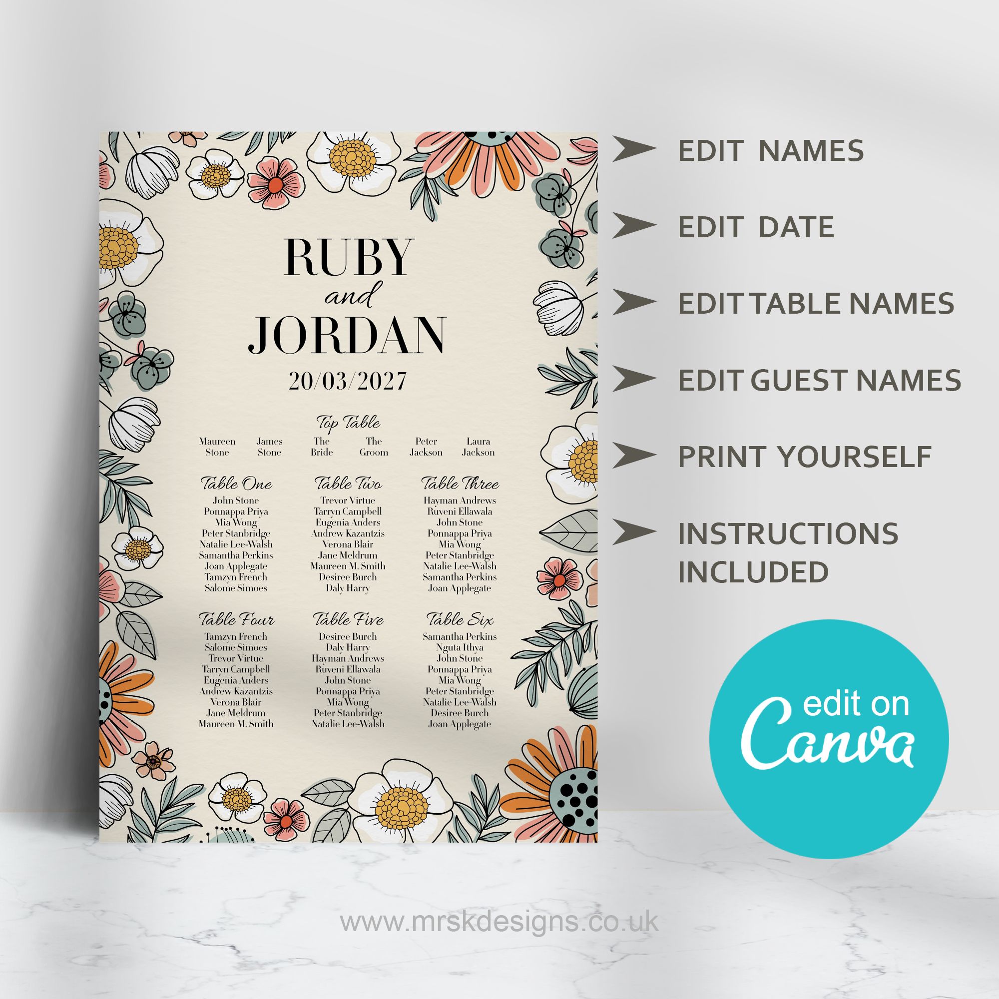 Editable wedding invitation print-at-home template, featuring a yellow floral design