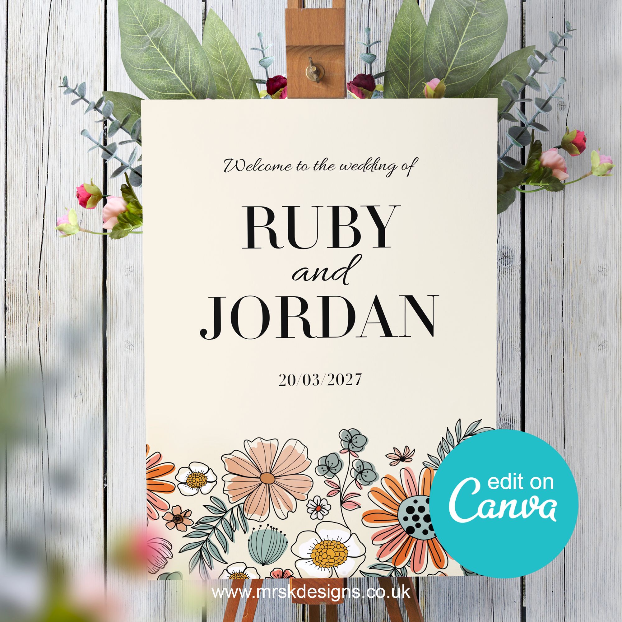 Boho Floral Editable, Printable Wedding Welcome Sign