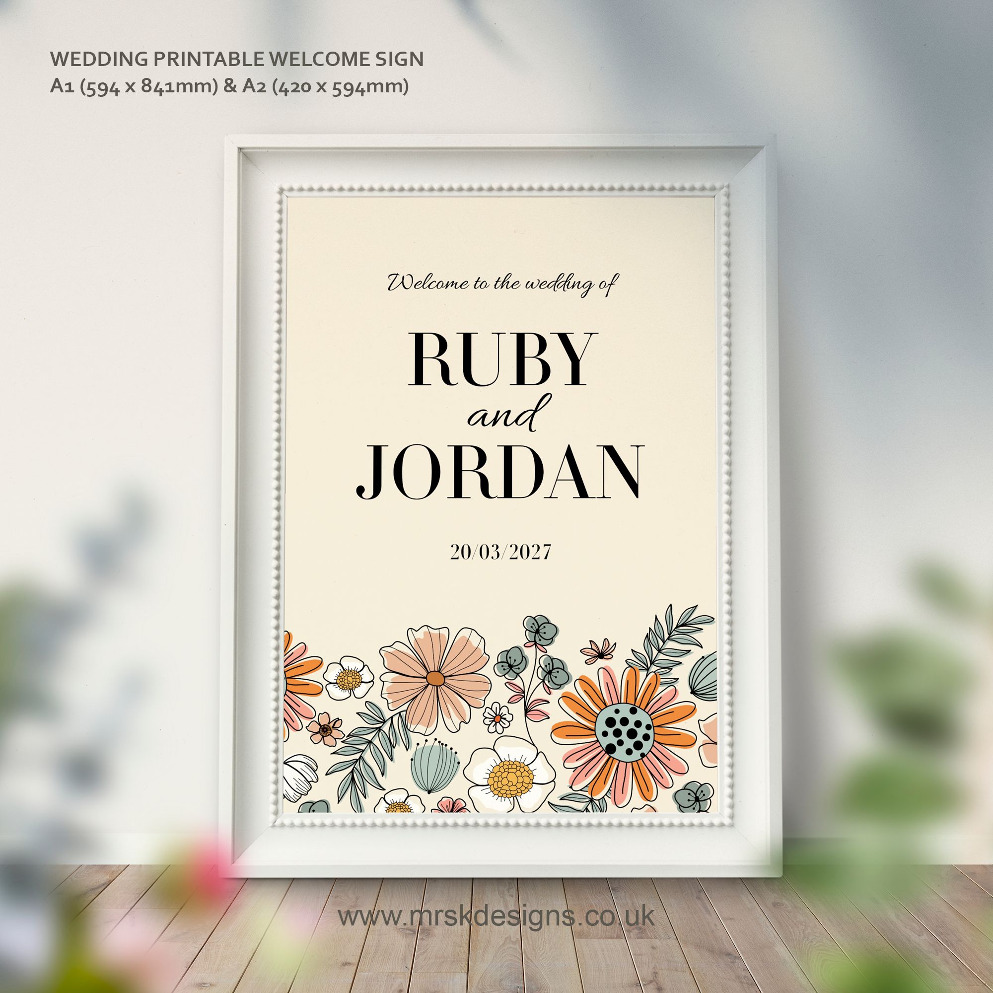 Editable wedding invitation print-at-home template, featuring a yellow floral design