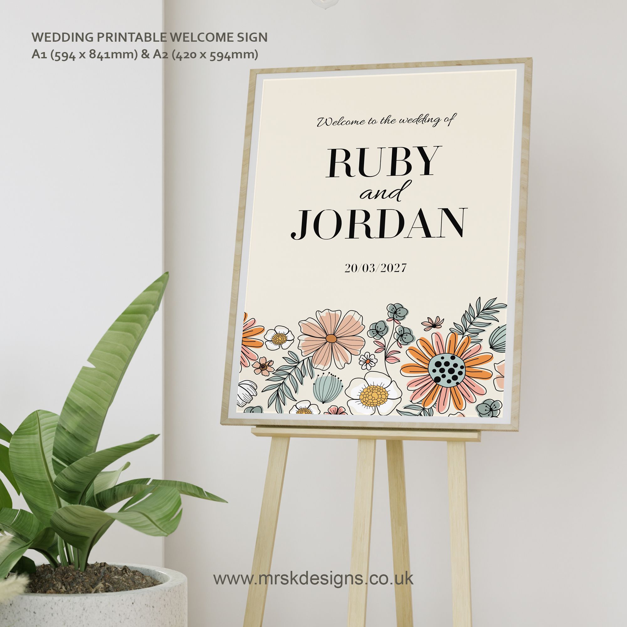 Editable wedding invitation print-at-home template, featuring a yellow floral design package