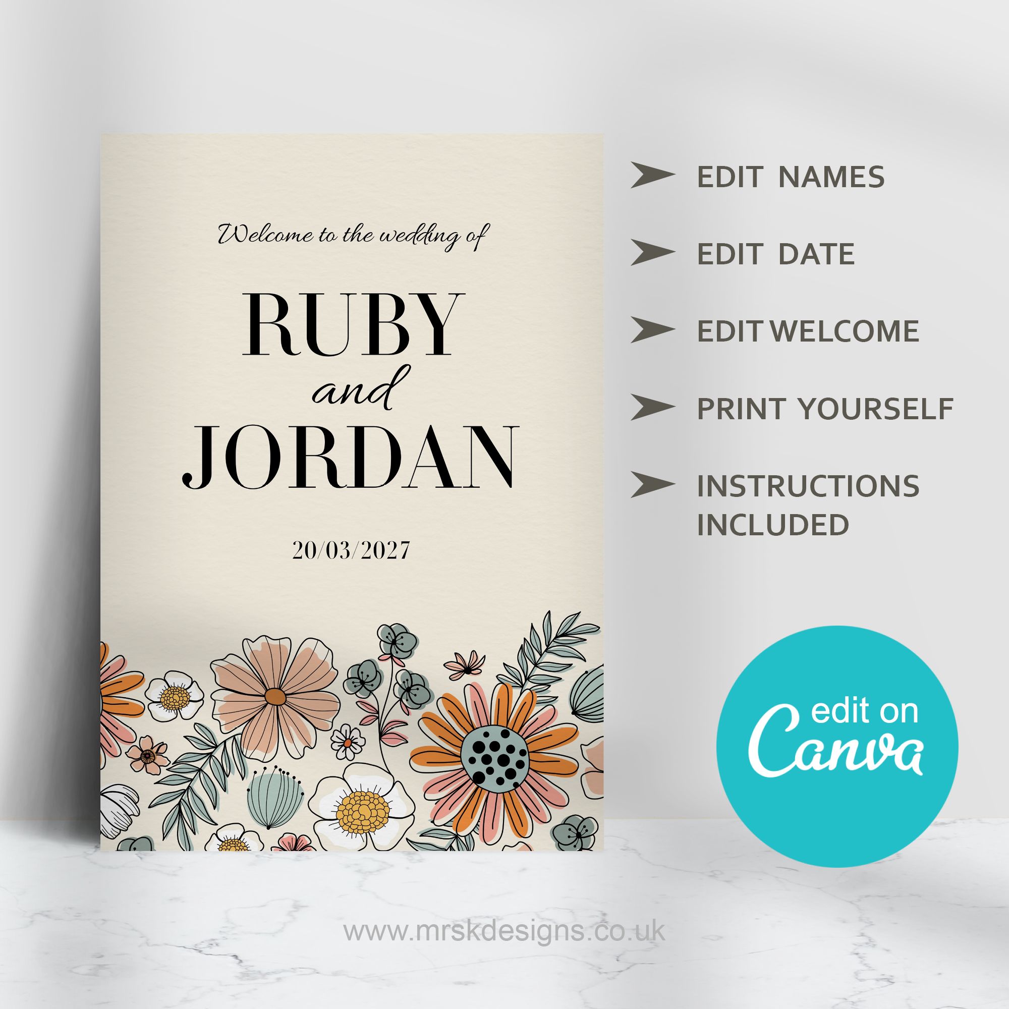 Editable wedding invitation available as digital template, featuring a yellow floral design