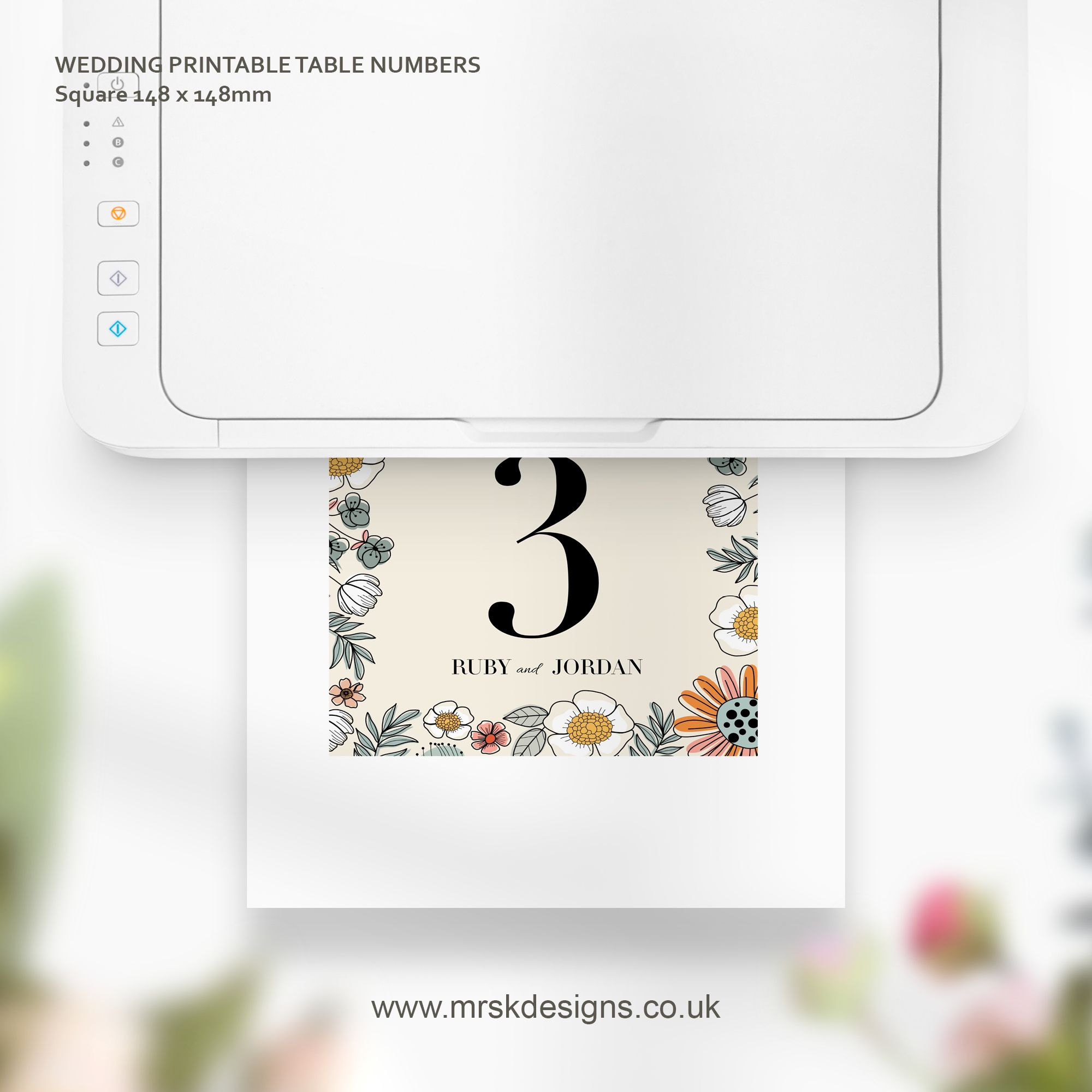 Editable wedding invitation print-at-home template, featuring a yellow floral design package
