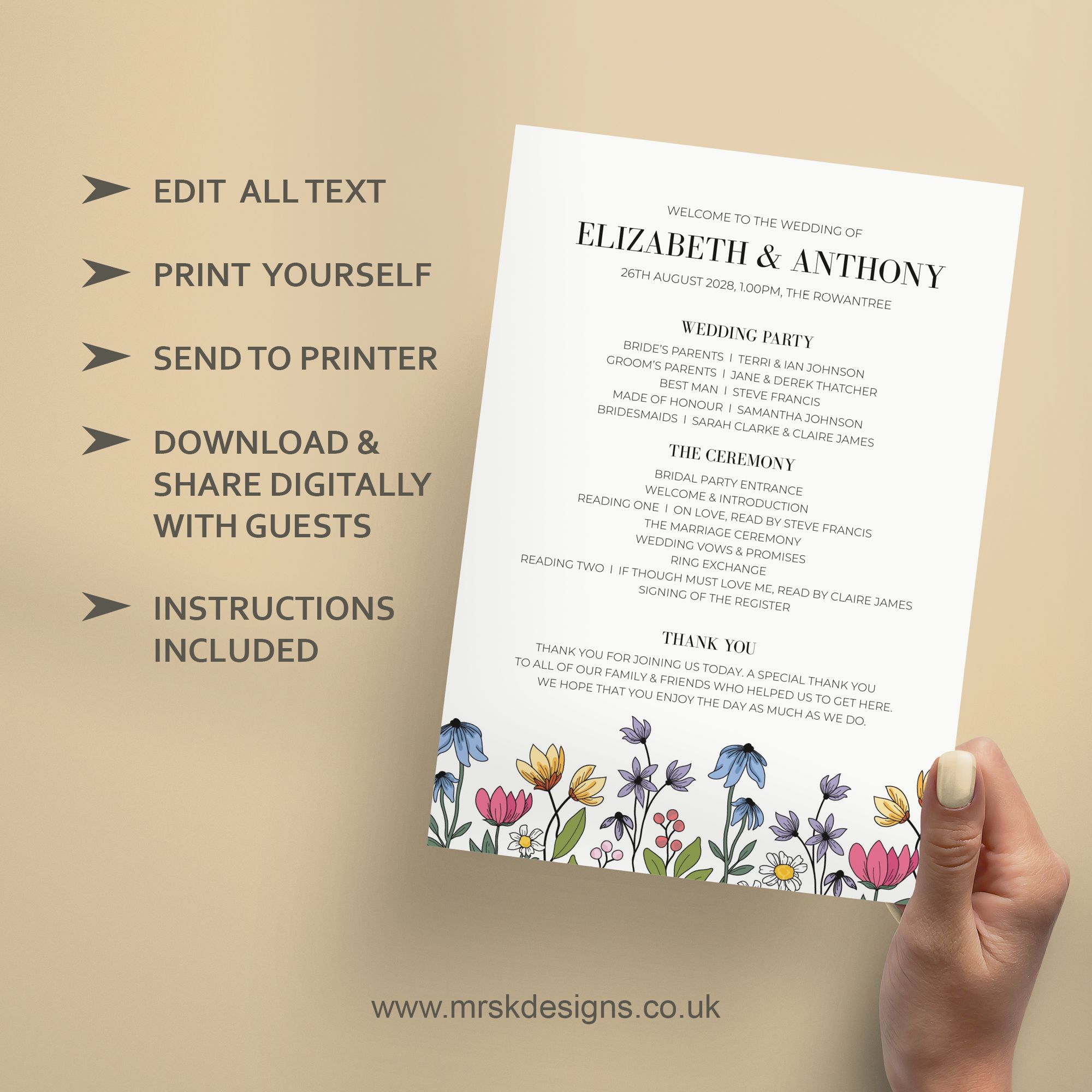 Editable wedding invitation print-at-home template, featuring a yellow floral design package