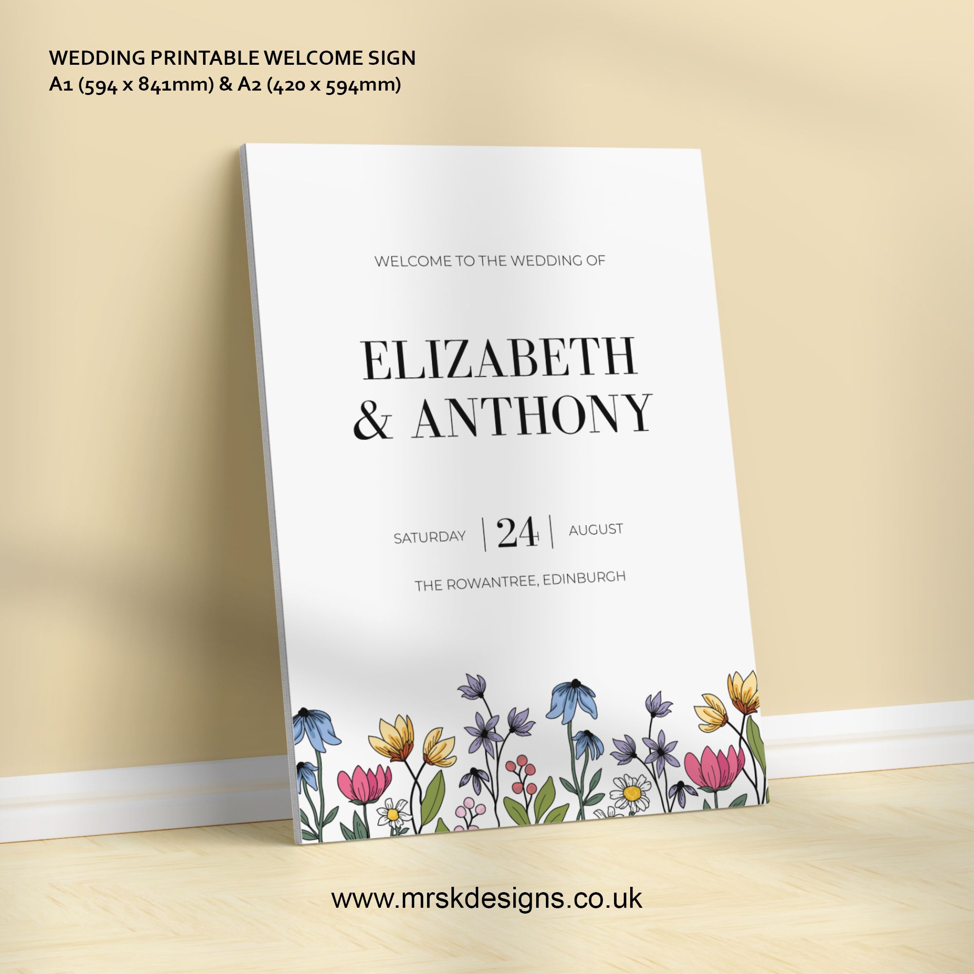 Editable wedding invitation print-at-home template, featuring a yellow floral design
