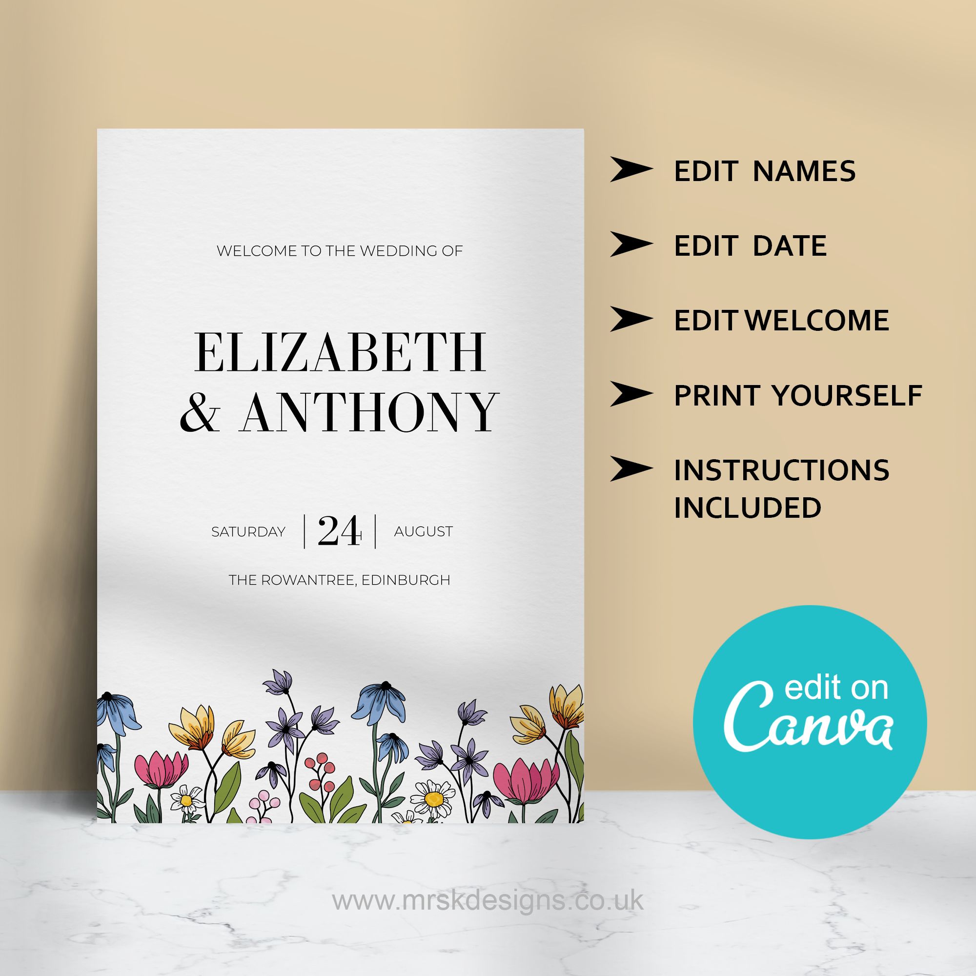 Editable wedding invitation print-at-home template, featuring a yellow floral design package