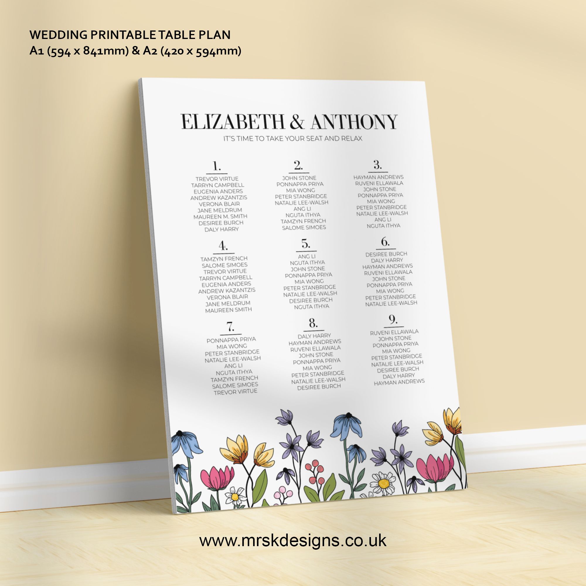 Editable wedding invitation available as digital template, featuring a yellow floral design