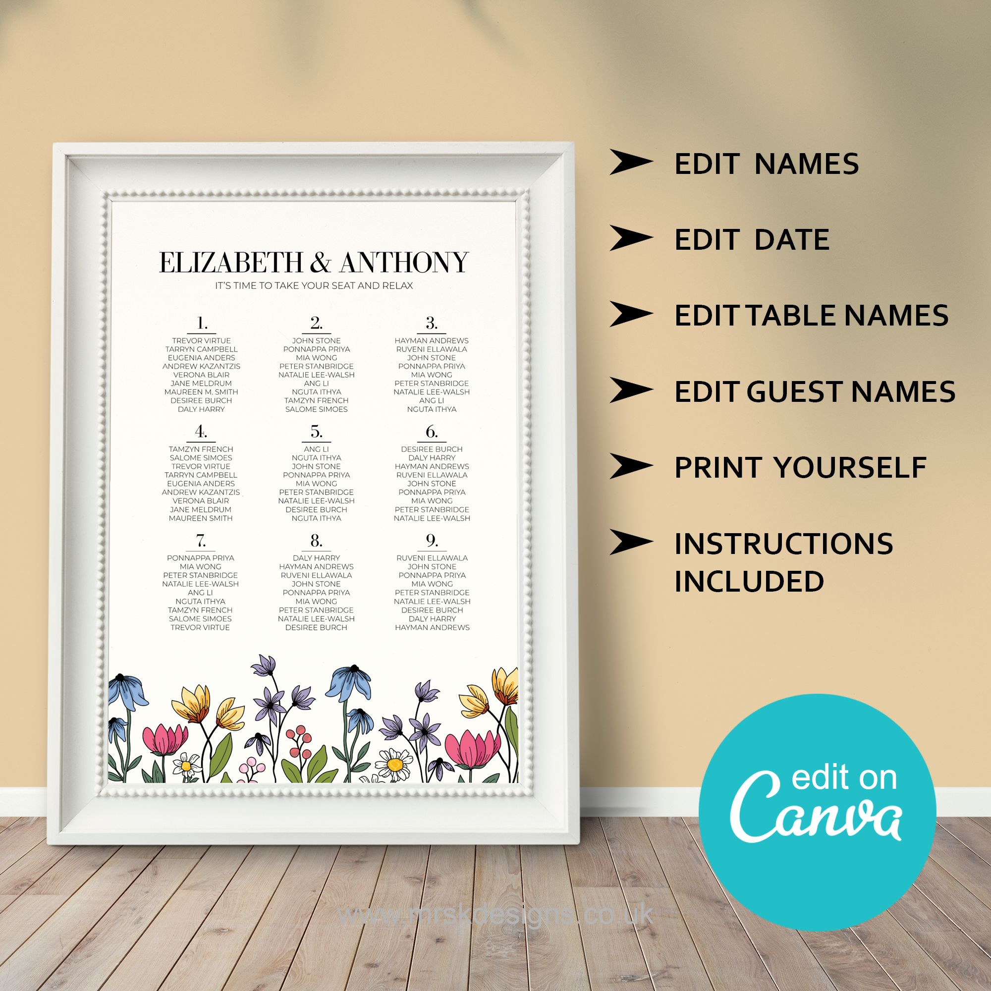 Editable wedding invitation print-at-home template, featuring a yellow floral design package