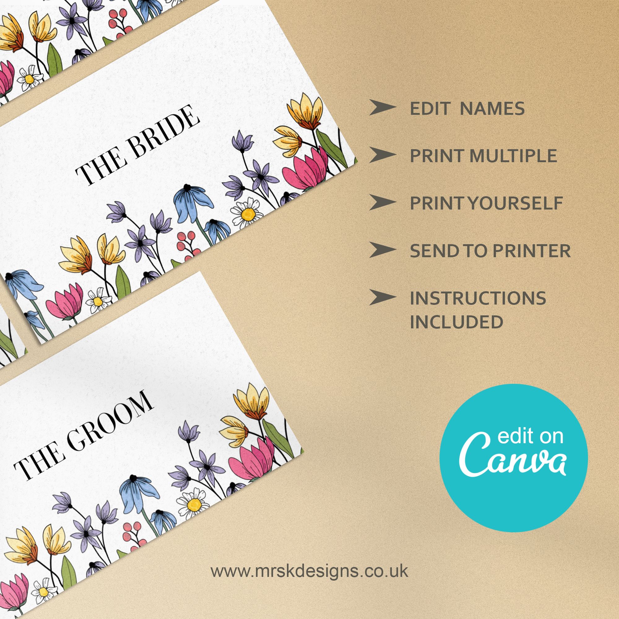 Editable wedding invitation available as digital template, featuring a yellow floral design